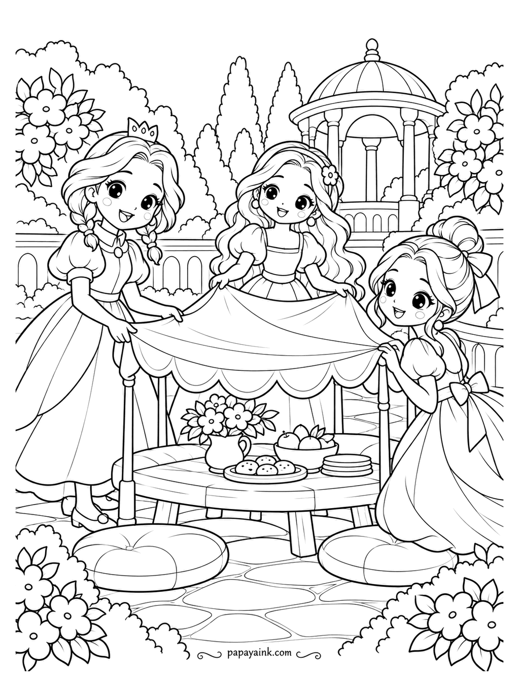 Kawaii Princess Coloring Pages - Cookies on the table, but nobody sits until the roof is up. Three princesses stretch the scalloped canopy over the posts, with the garden gazebo in the background and cushions waiting on the grass. Scalloped edges deserve a second color.