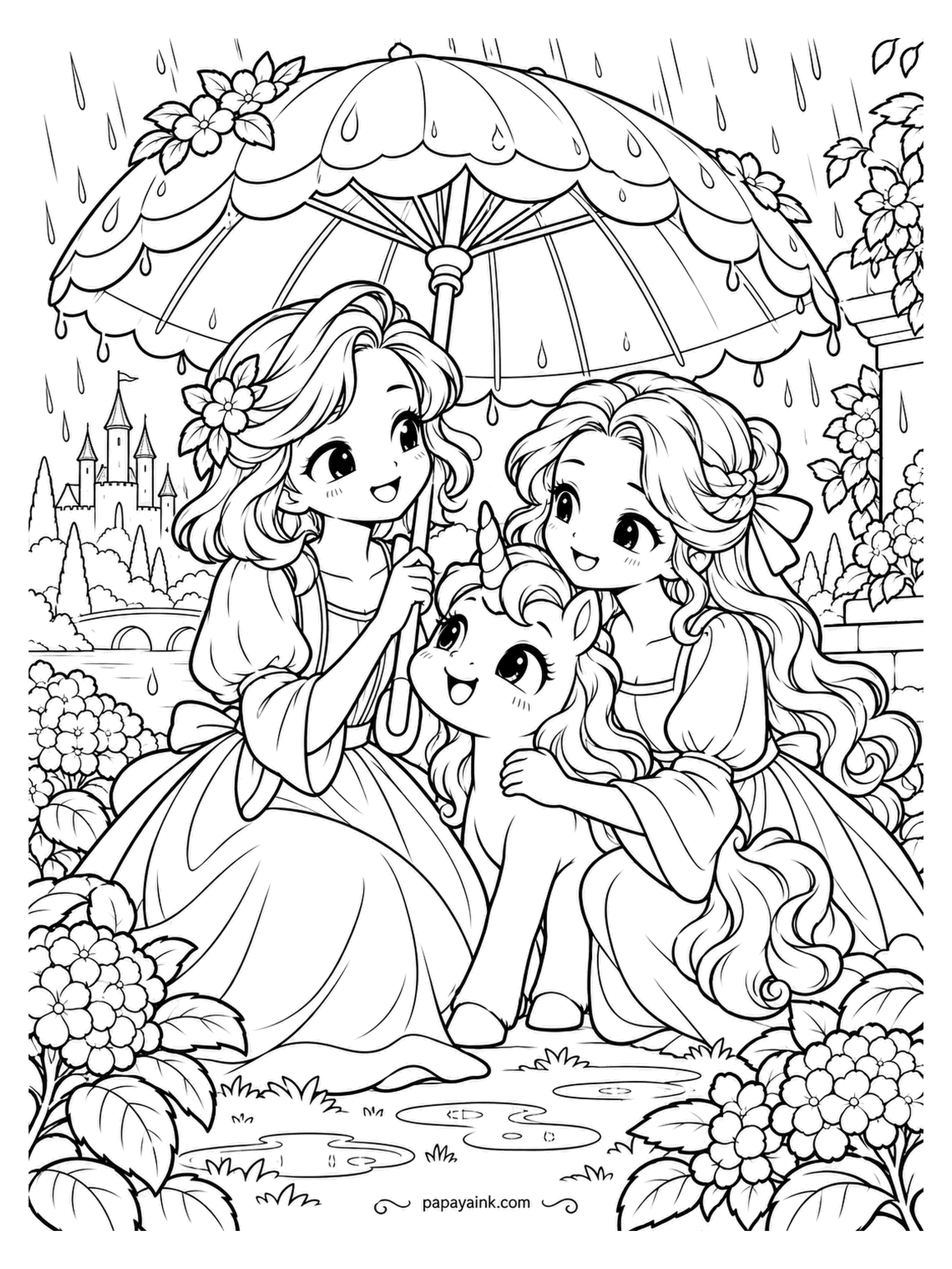 Kawaii Princess Coloring Pages - Rain, one parasol, three under it. Two princesses hold it low enough that the unicorn foal fits underneath, and the puddles on the path are still growing. Scalloped parasol with a flower on top - the one bright shape on a gray day.