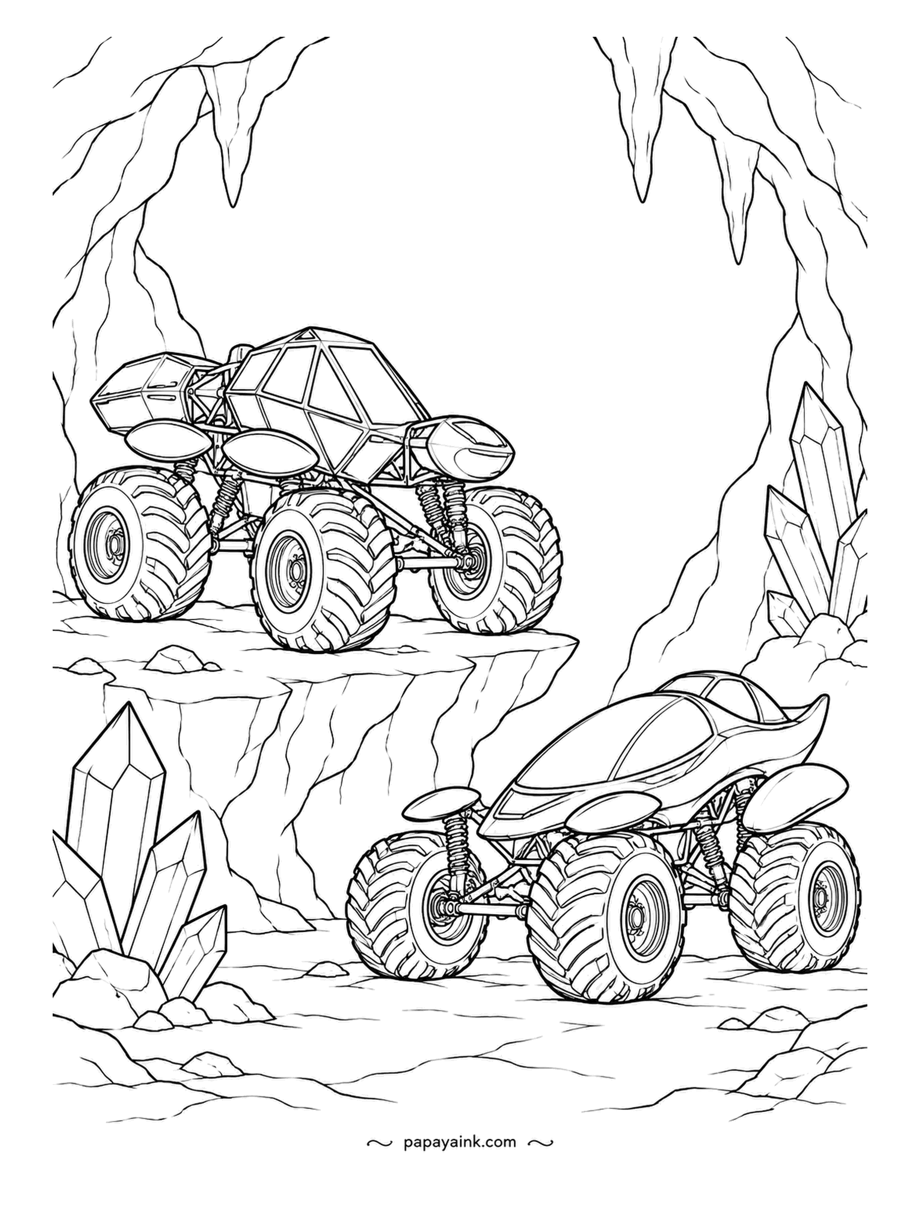 Monster Truck Coloring Pages - Three-pod rover up on a rock shelf, a sleeker truck on the cave floor below, and crystal clusters sprouting from both levels. Stalactites hang from the top edge. Detailed - plenty of small facets to fill.