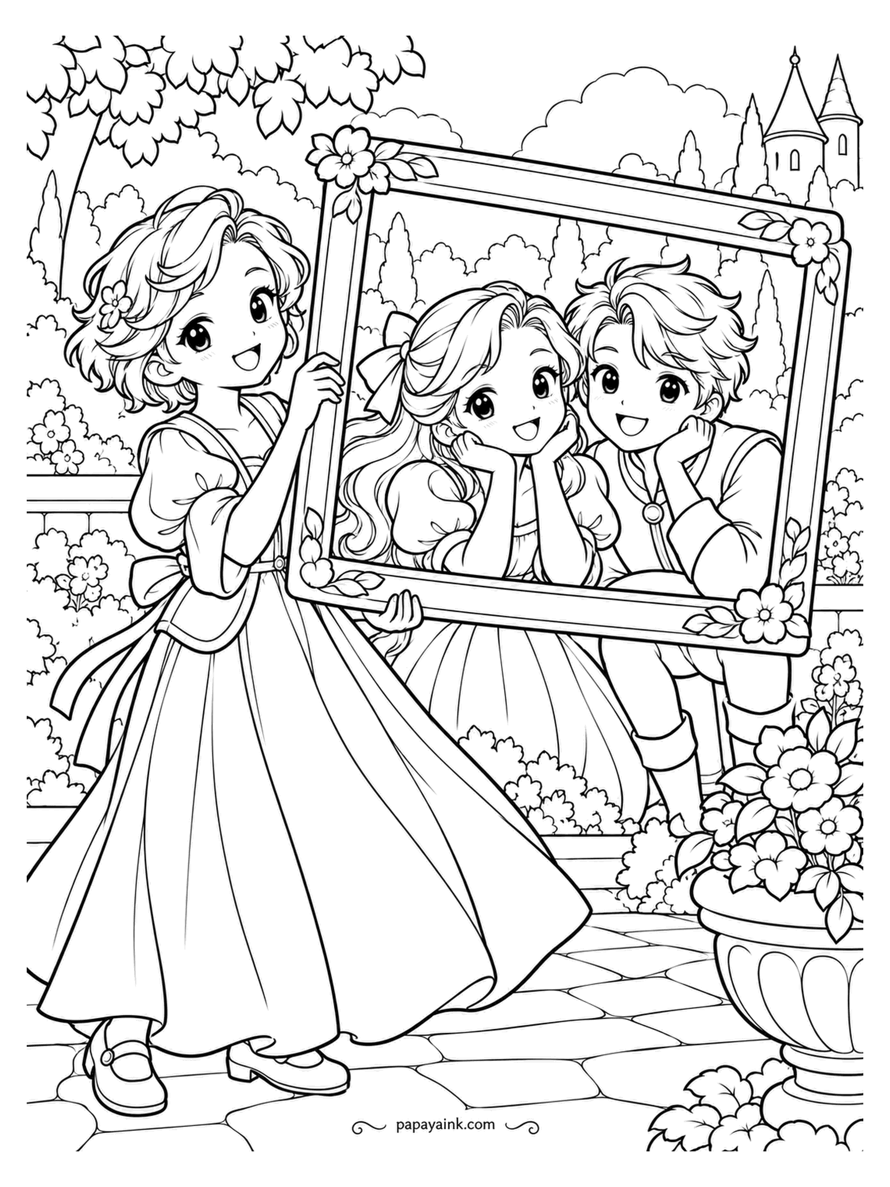 Kawaii Princess Coloring Pages - Portrait day, with a frame the size of a window. One princess holds it up, and the friends inside, a princess and a prince, strike the chins-on-hands pose. Carved frame with flowers at the corners - a gold pencil earns its place here.