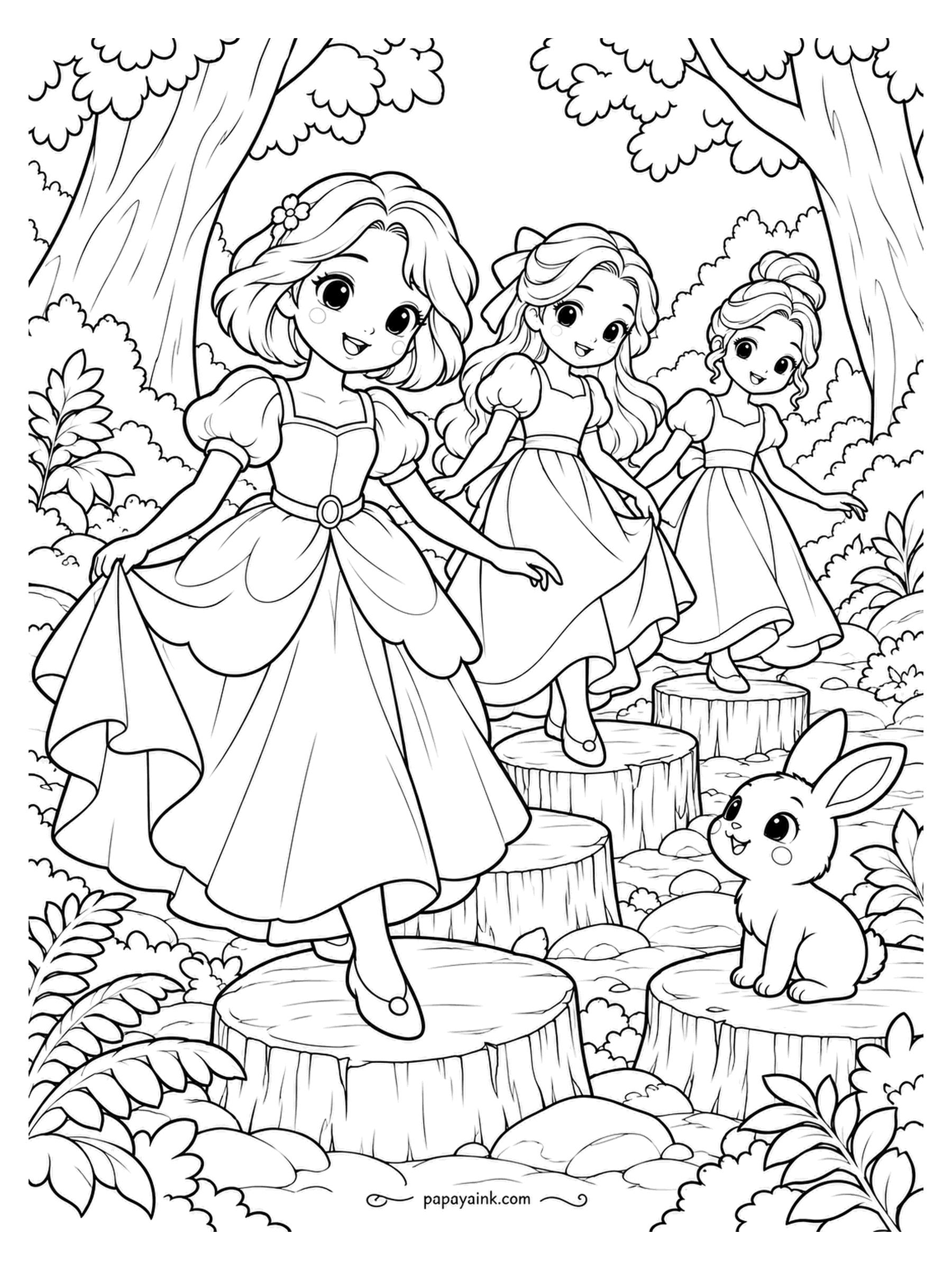 Kawaii Princess Coloring Pages - Stump to stump through the forest clearing, skirts lifted just enough. Three princesses cross in a line and the rabbit waits at the far end to see whether anyone slips. Bark rings on every stump - good practice for browns.