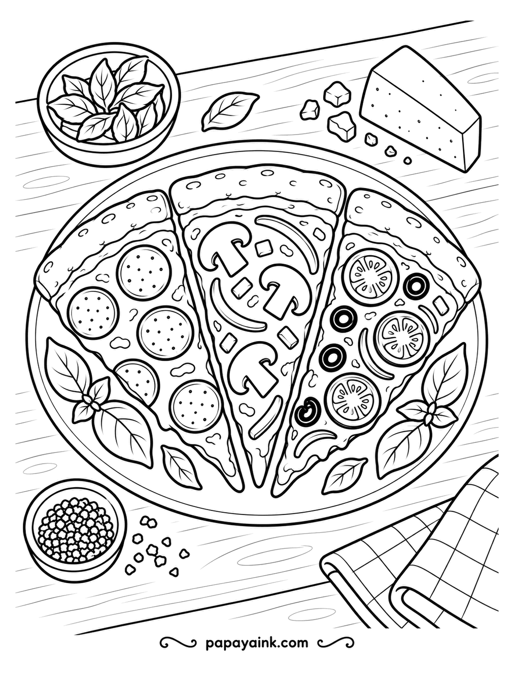 Pizza Coloring Pages - Fanned out on a board, three slices and three different pizzas: pepperoni, mushroom and pepper, tomato with olives. A wedge of cheese, basil in a bowl and a dish of grated parmesan around them. Three mini pages in one.