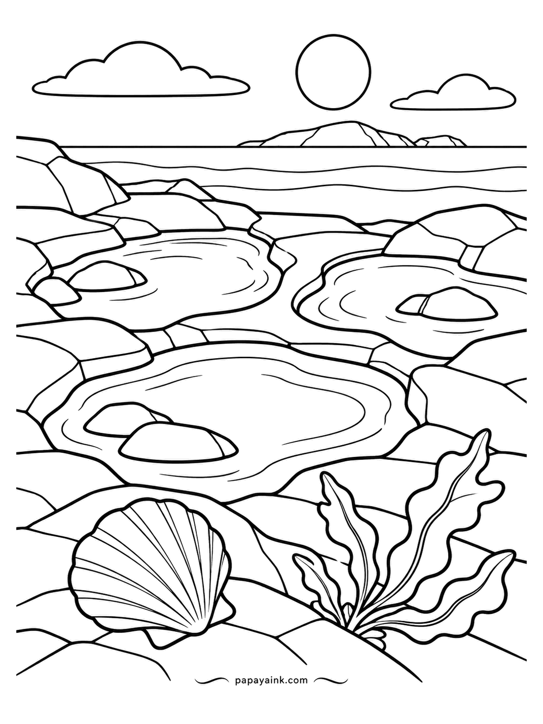 Nature Coloring Pages - Low tide left a staircase of rock pools between the shore and the sea, every one holding a stone and a patch of cloud. A scallop shell and a frond of kelp mark the near corner. Make the pools slightly different blue-greens; none are alike.