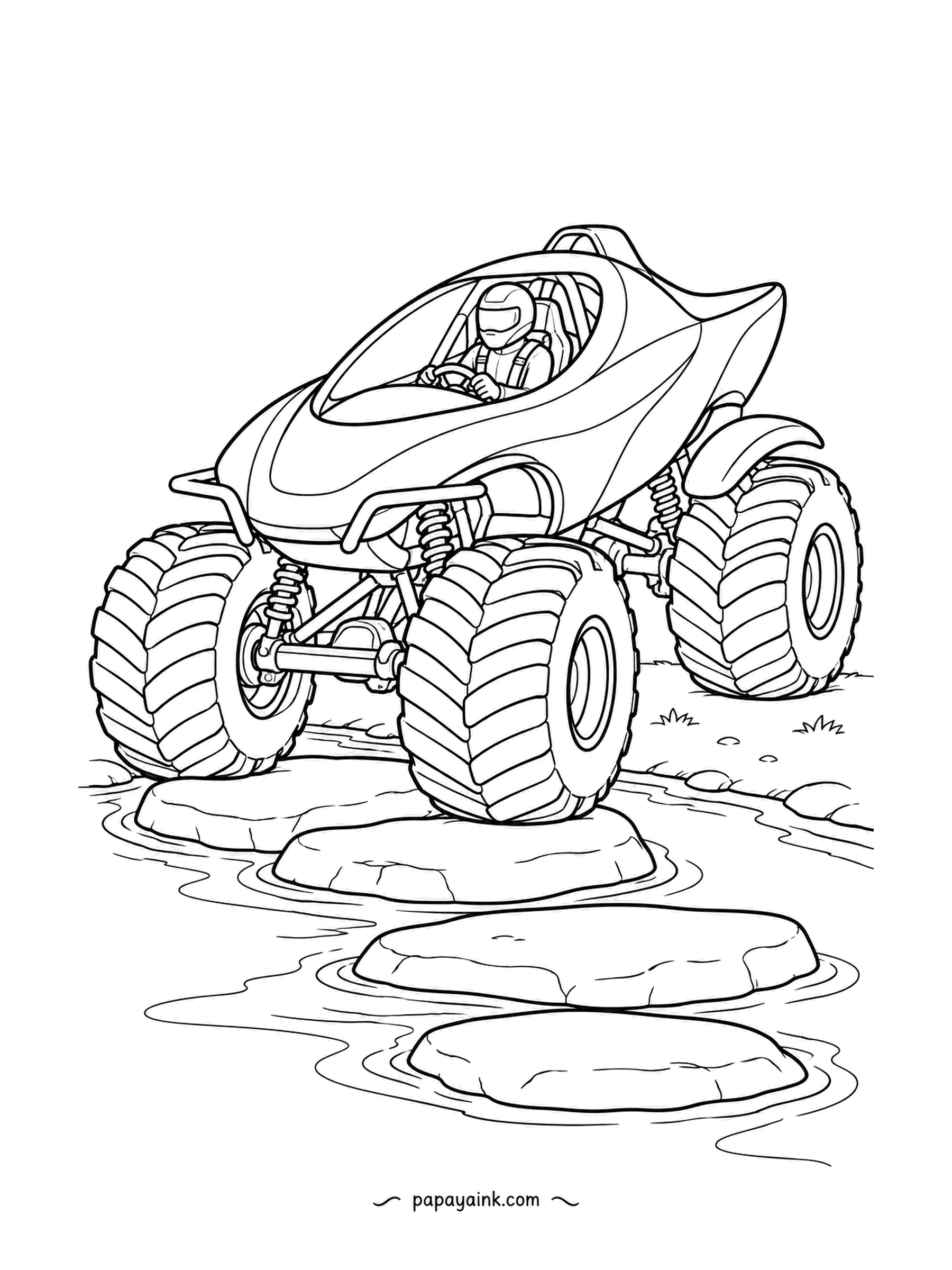 Monster Truck Coloring Pages - Pebble ford, stepping stones leading into shallow water, and the tilted-lens racer about to get its wheels wet. Grass on the far bank. Pale blue for the stream, let the stones stay grey.