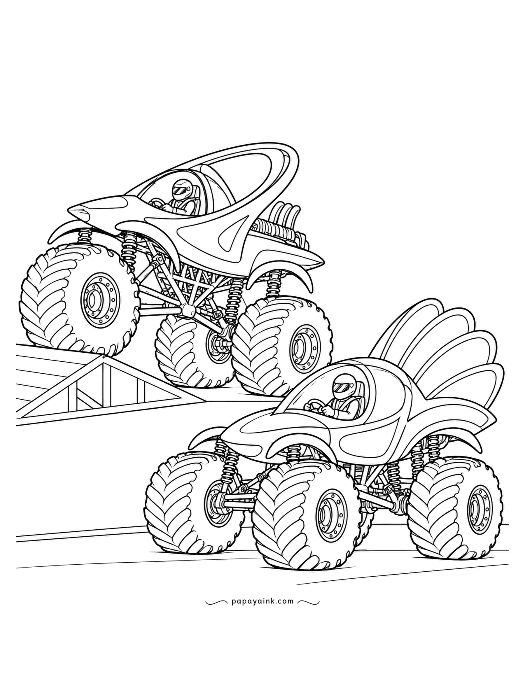Monster Truck Coloring Pages - Test day: one truck launching off the ramp, the oval-framed racer waiting on the flat lane below with its ridged fins up. Scene runs to the edge of the sheet; plenty of tread to shade.