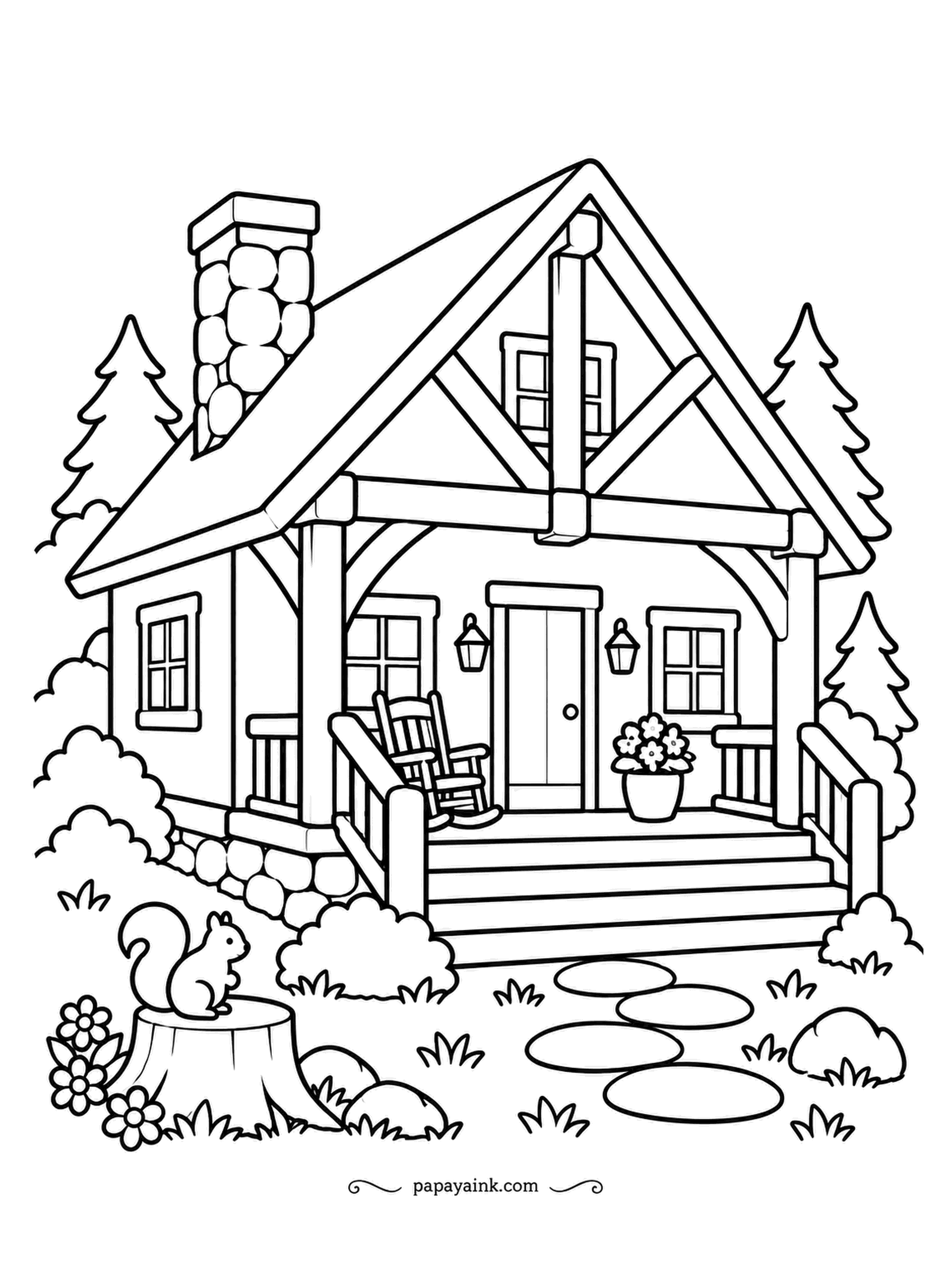 House Coloring Pages - Timber-frame cabin with the beams showing in the gable, a porch rocker, pines on both sides and a squirrel on a stump out front. Honey-colored beams against cream plaster is the traditional look.