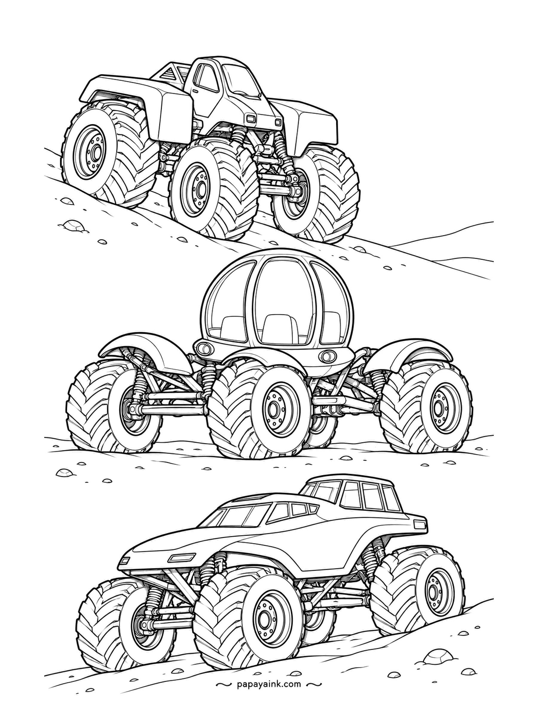 Monster Truck Coloring Pages - Crest after crest, three trucks: a pickup with a cab far too small for its chassis, a dome-topped bubble car and a sleek sedan at the bottom. Sand drawn with scattered pebbles. Detailed.