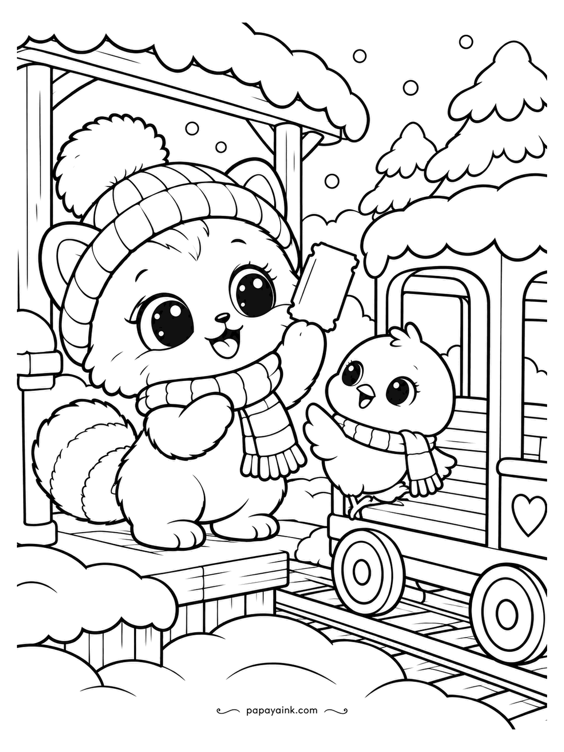 Kawaii Winter Coloring Pages - Ticket in paw, a tanuki waits on a snowy platform while a chick checks the carriage with the heart on its side. The train is small, and so is everyone. Red for the carriage, and let the station roof hold its snow.