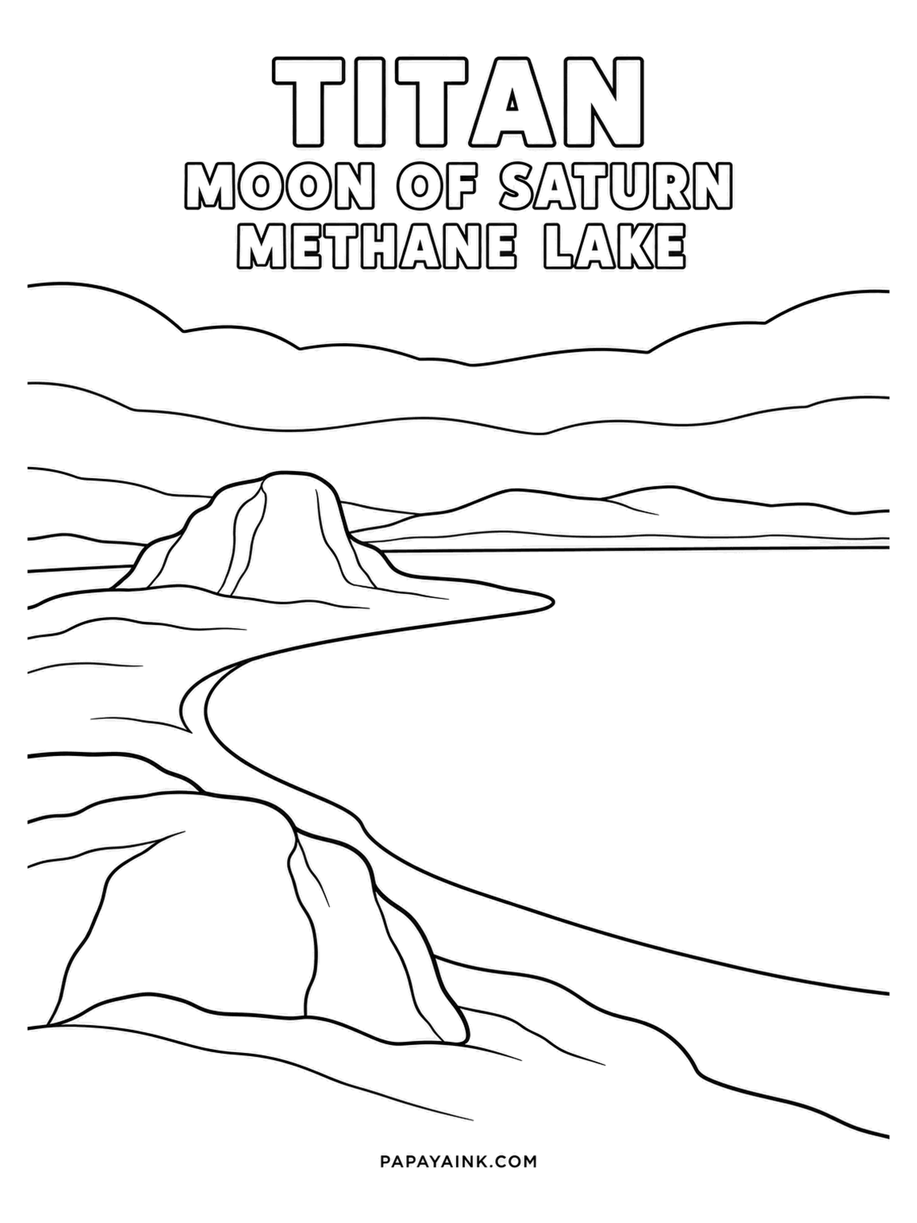 Planet Coloring Pages - Titan, moon of Saturn, is the only other world with lakes, and they are liquid methane. A calm lake stretches to a hazy horizon under cliffs. Amber sky, dark olive lake, and brown rock - Titan itself is all orange.
