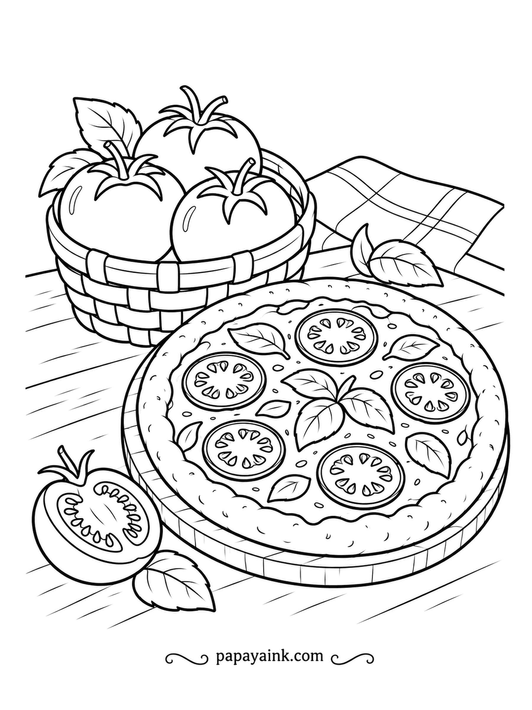Pizza Coloring Pages - Ripe tomatoes in a woven basket next to a Margherita on a wooden board, a napkin folded behind. Basket weave is slow but rewarding: alternate light and dark tan for the strips.