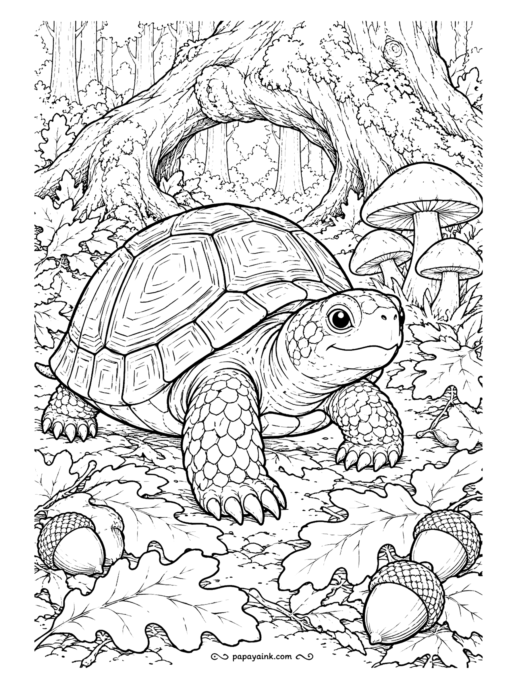 Turtle Coloring Pages - Oak leaves, acorns and mushrooms carpet the forest floor around a tortoise with a gentle smile, under the twisted roots of an old tree. Russet, ochre and brown everywhere - autumn through and through. Detailed.