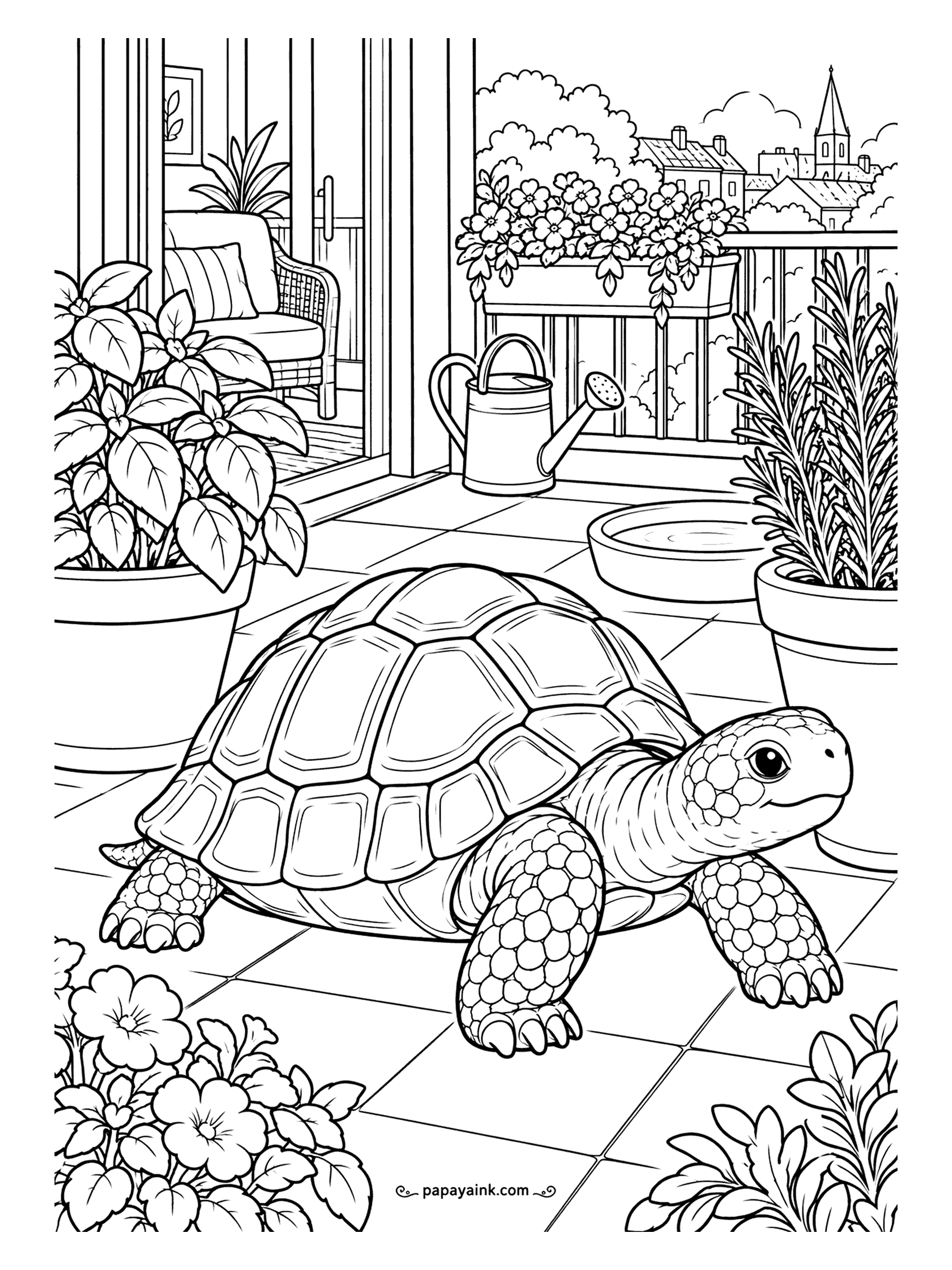 Turtle Coloring Pages - City balcony, late afternoon: basil in a pot, rosemary, a watering can, and a tortoise strolling across the tiles toward its water dish. A calm scene with lots of mid-sized shapes - good for pencils or markers alike.