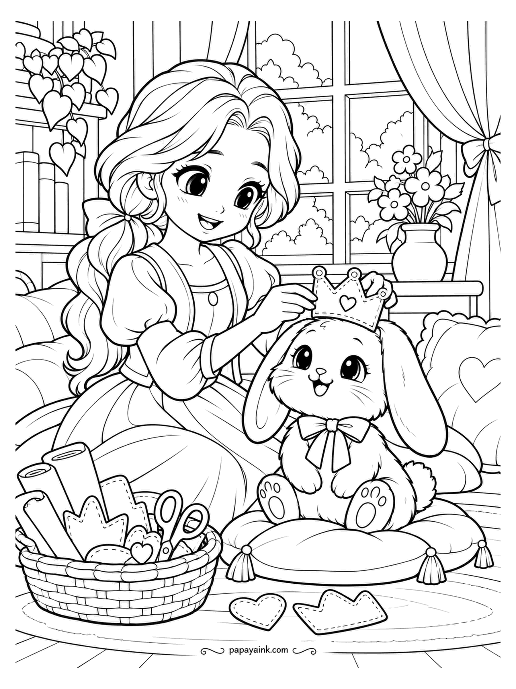 Kawaii Princess Coloring Pages - Coronation of a toy rabbit. The princess sets a felt crown with a heart on it between the long ears, the rabbit sits on its tasseled cushion and accepts, and the craft basket holds the leftover felt. Pastels, with a little pink on the ears.