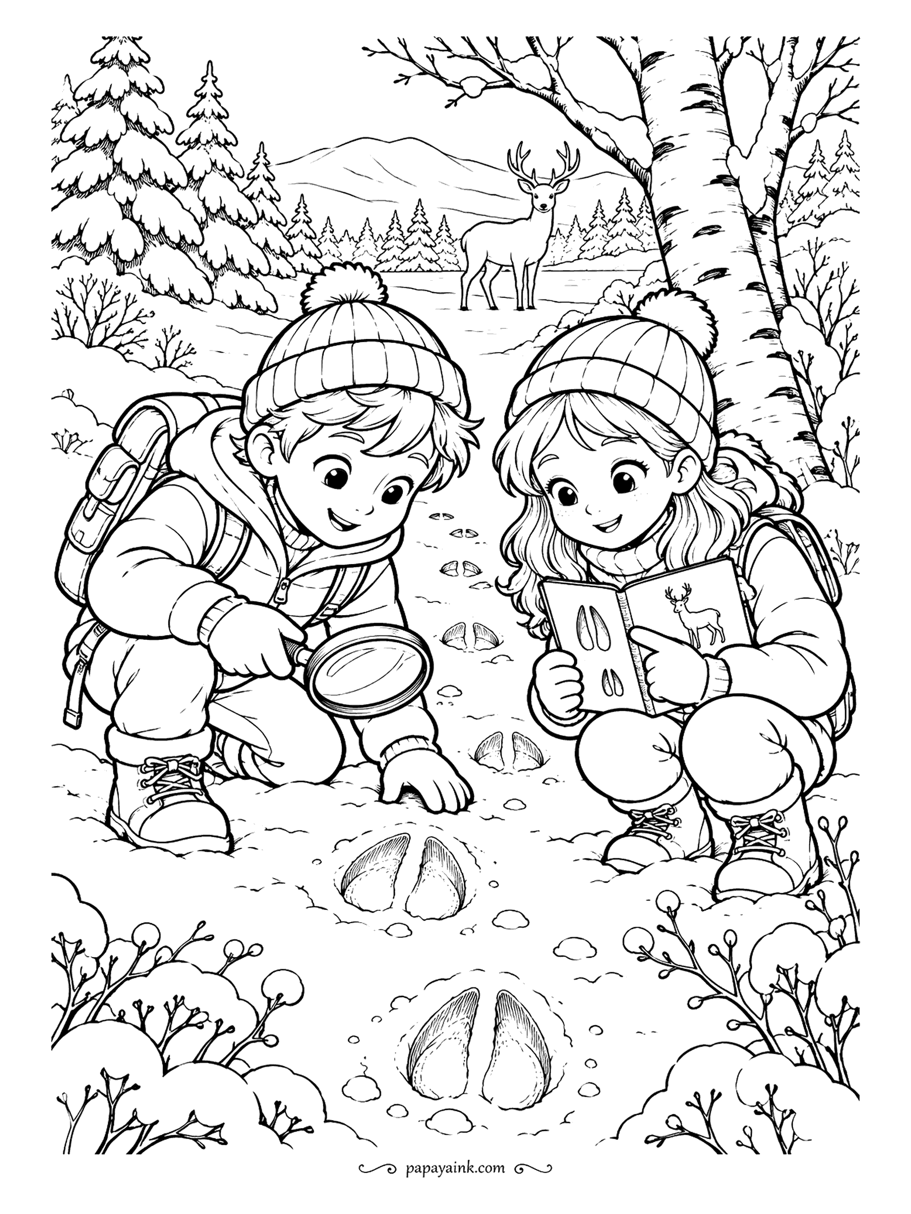 Free Printable Winter Coloring Pages - Magnifying glass and field guide out, two trackers follow a line of hoof prints, and the deer that made them watches from the ridge. Birch trunks frame the path. The prints are the one place to use a darker shade on the snow.