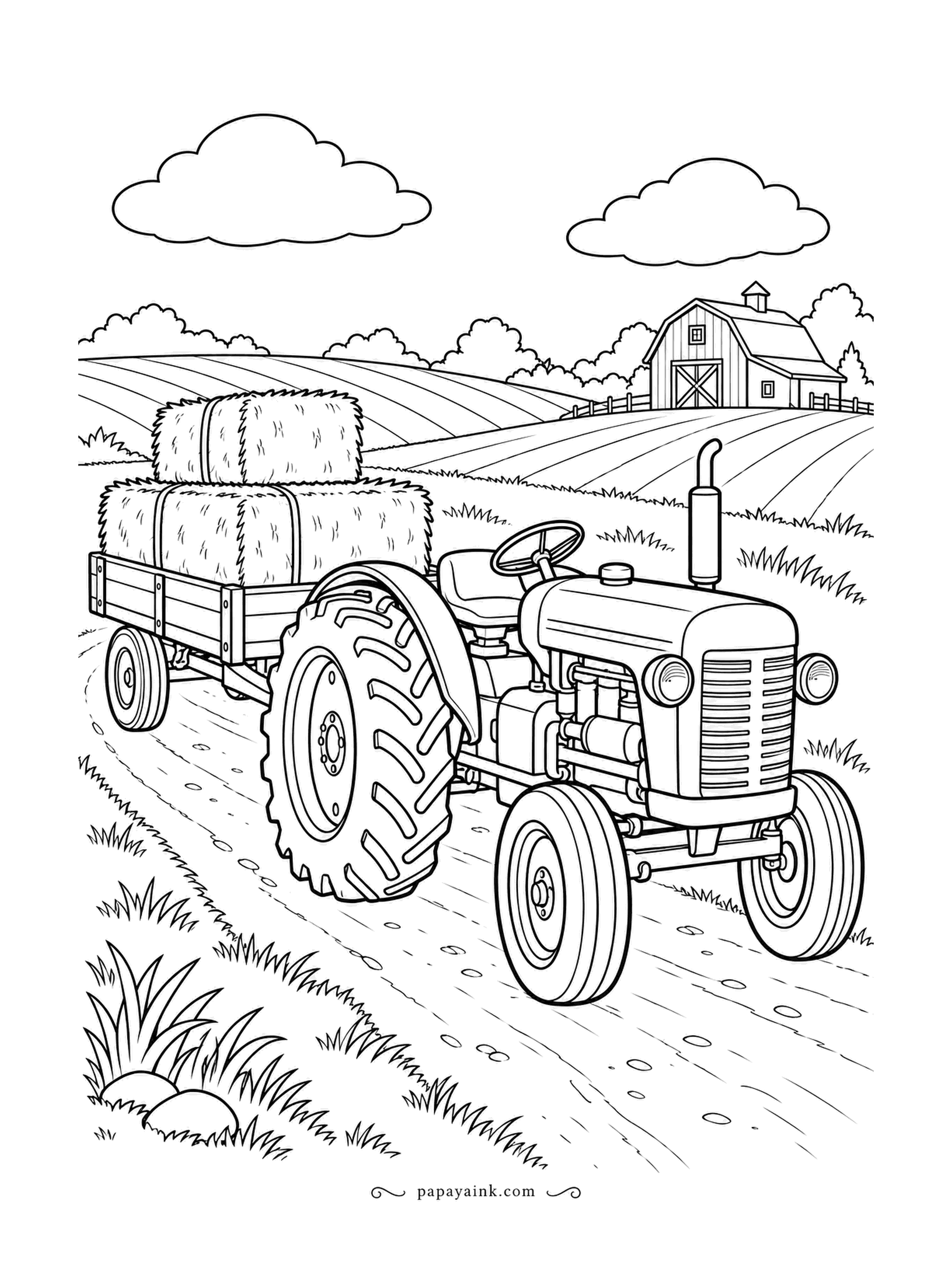 Farm Coloring Pages - Old tractor pulling a flatbed trailer stacked with square bales down a dirt road, the farmhouse on the rise beyond. Narrow front wheels and an upright exhaust pipe. Classic red or gray up front, and sun-bleached gold for the hay.