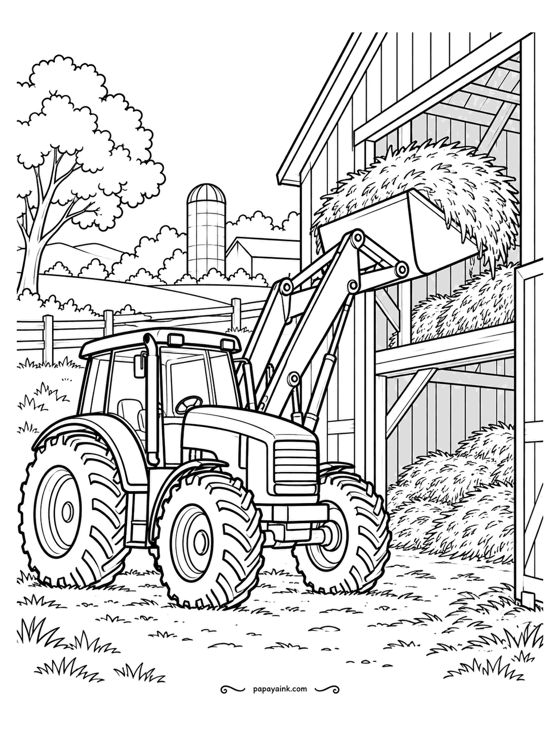 Farm Coloring Pages - Front loader raising a bucket of loose hay to the loft door, more piled on the ground below. The big door is open and the loft is almost full. Green for the machine, straw yellow for the hay in both places.