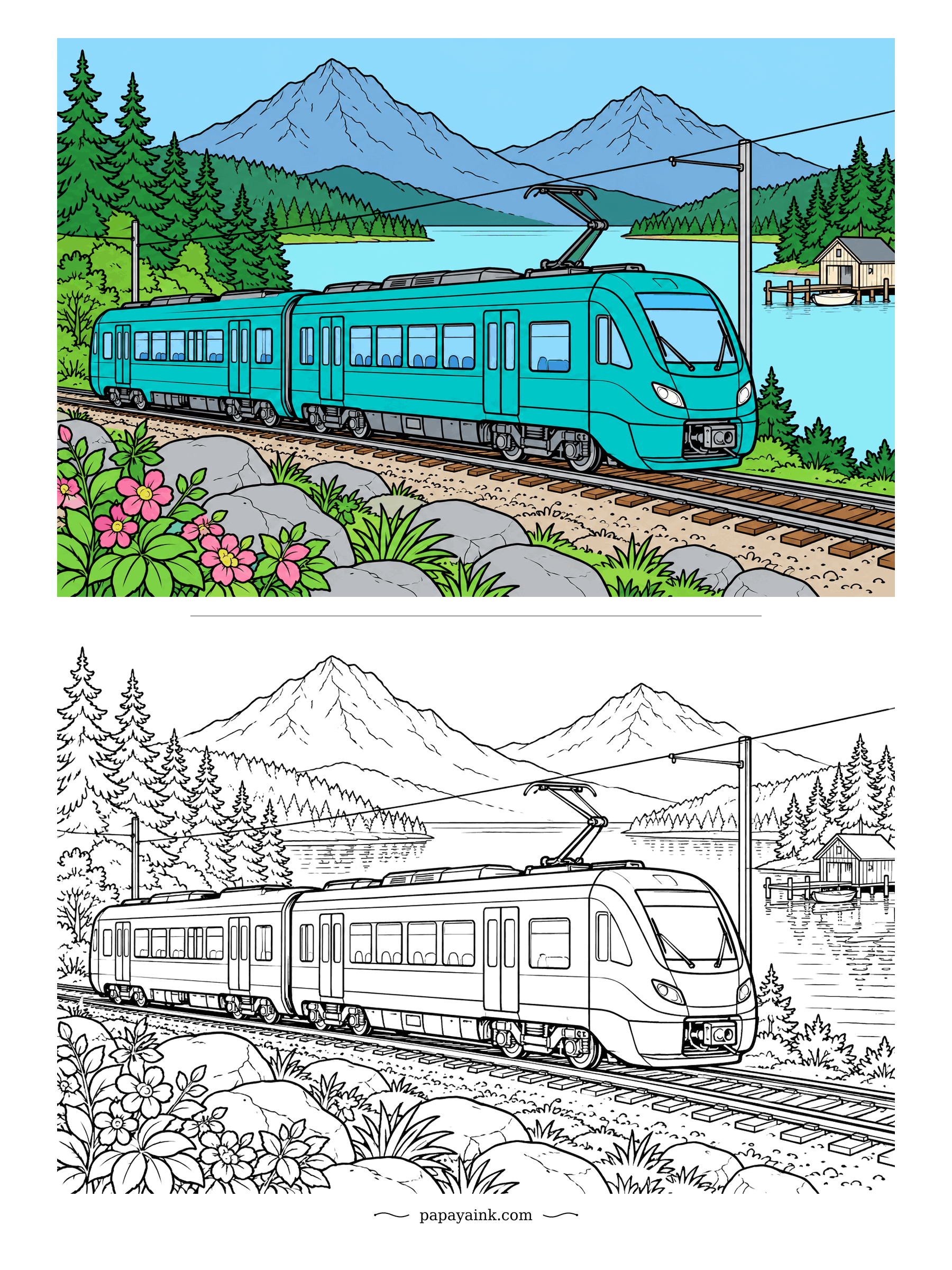 Train Coloring Pages - Turquoise trains are rare, which is why this one stands out against the forest and a glacier-blue lake. The sample on top shows the palette; the outline below adds a boathouse, reflections and far more pines. Detailed.