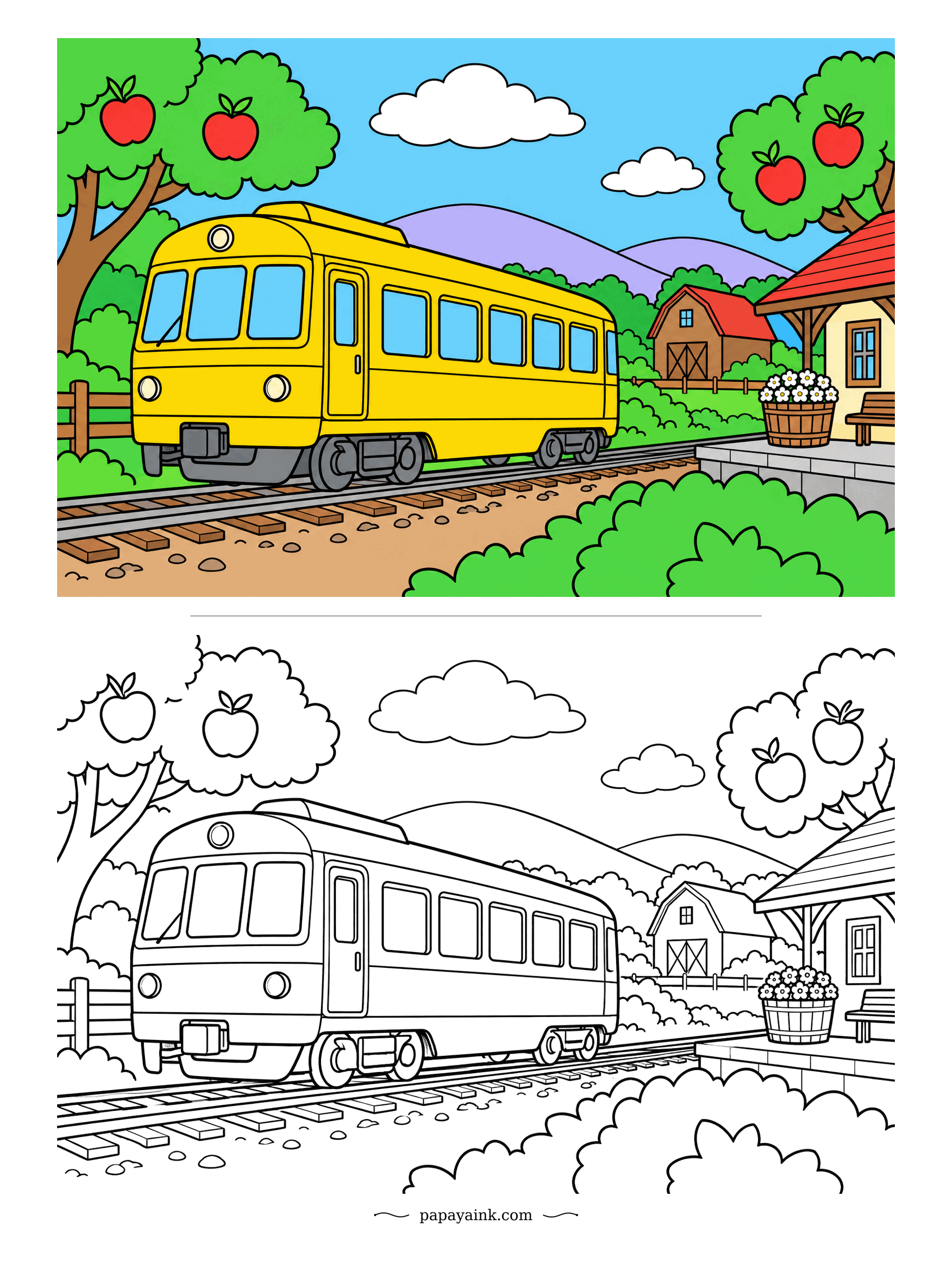 Train Coloring Pages - Bright yellow, round-nosed and in no hurry, the local railcar stops at a tiny country platform with apple trees on both sides. Fat outlines and wide spaces suit for crayons or markers.