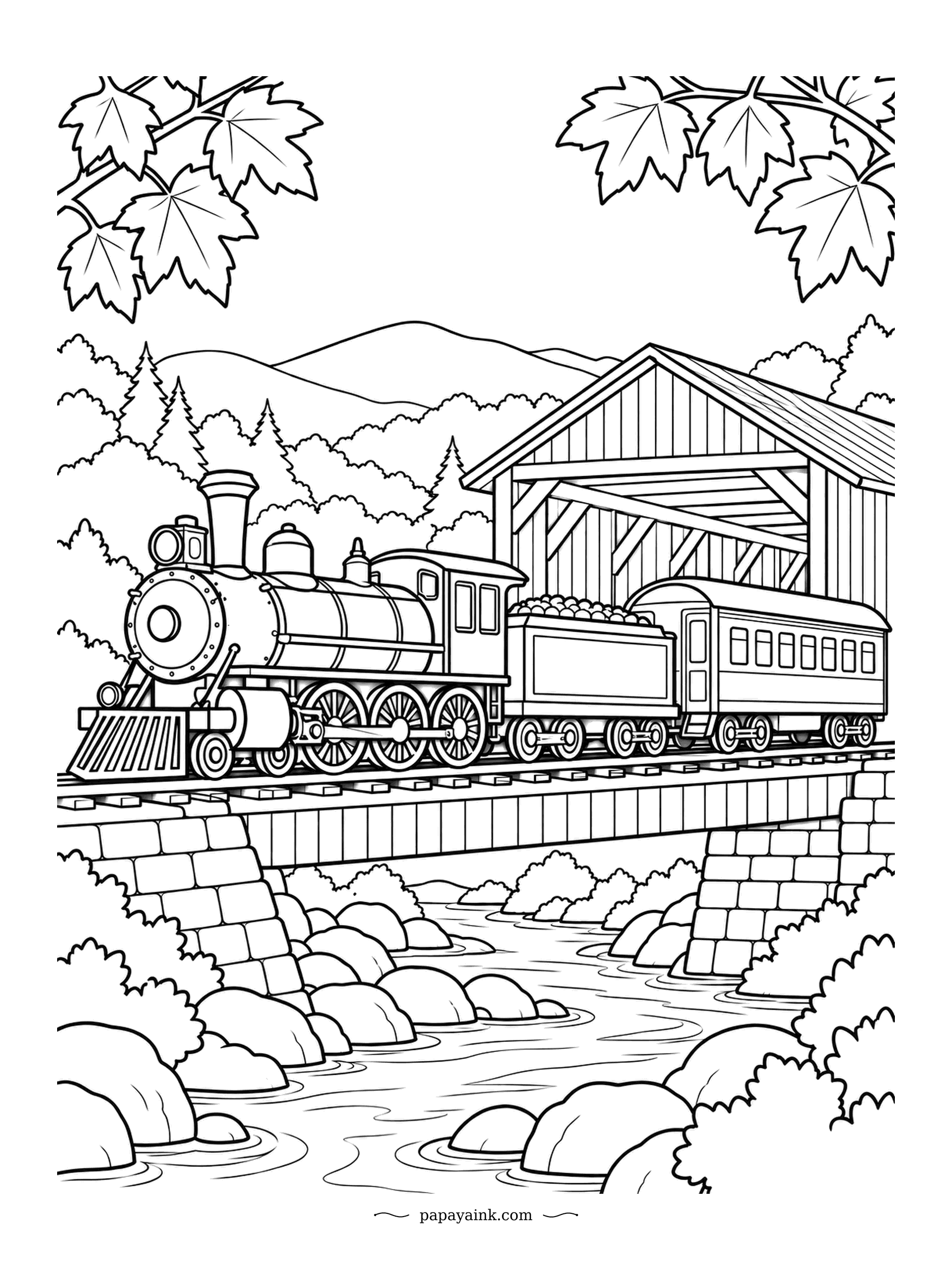 Train Coloring Pages - Maple leaves frame the top of the sheet while an old steam engine, its tender and one coach cross the river beside a covered bridge. Fall colors belong here: amber, rust, and barn red for the bridge.