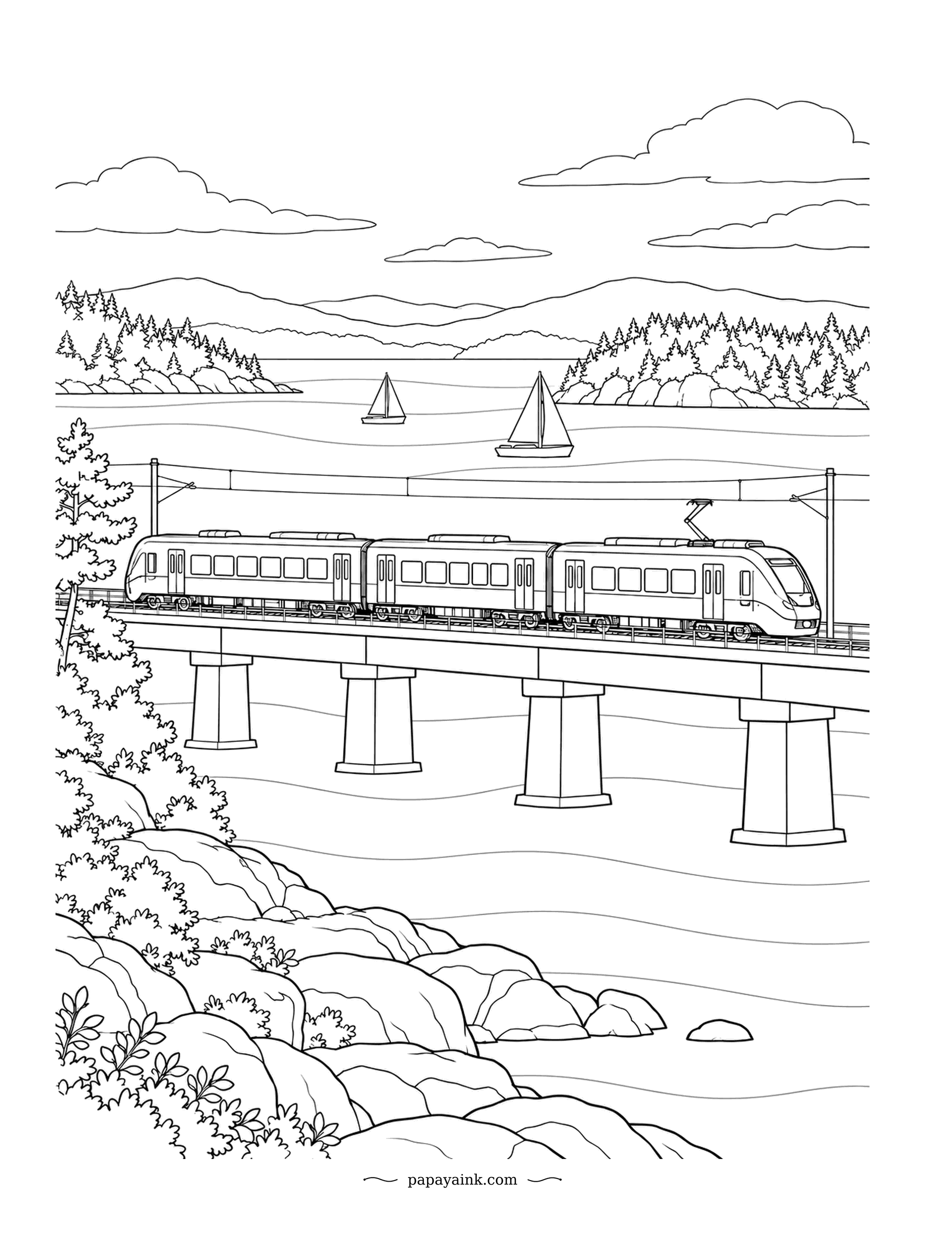 Train Coloring Pages - Low concrete piers carry the line straight across the bay. A pair of sailboats drift by, the far shore is a band of pines, and the commuter train looks tiny against all that water - which is exactly the point.