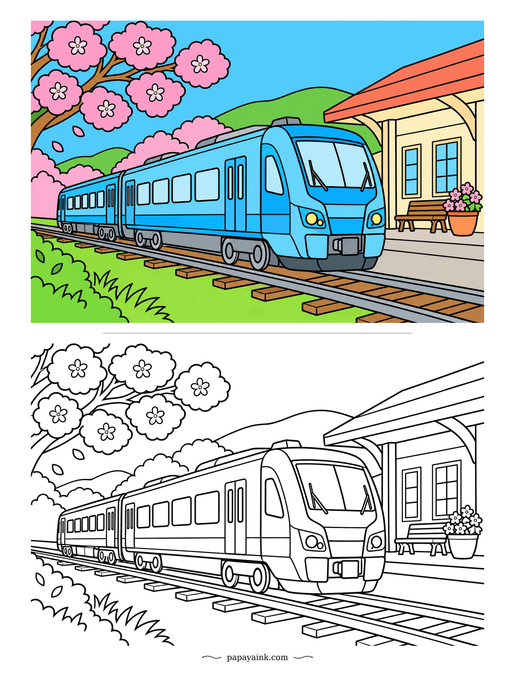 Train Coloring Pages - Cherry blossom season at a quiet station: pink petals drift onto the track as a blue commuter train arrives. Copy the sample exactly, or swap spring for autumn and make the tree flame orange instead.