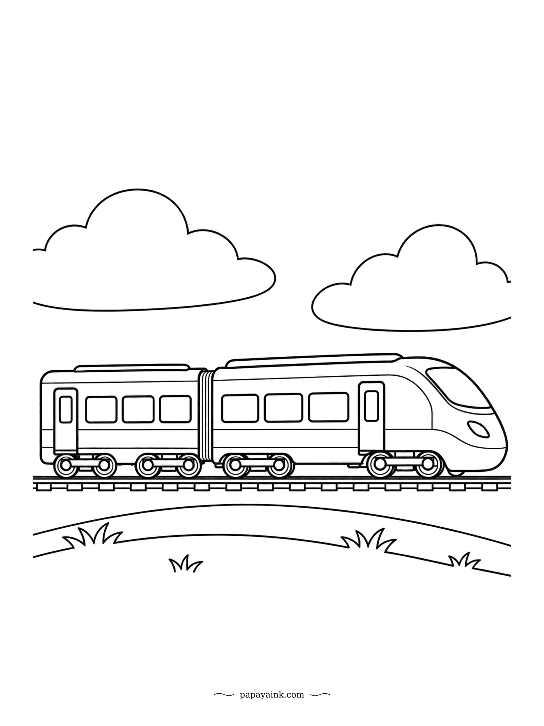 Train Coloring Pages - Two cars, one long nose and a sky with room to spare. This bullet train is drawn in the fewest lines possible, which makes it the right sheet for markers: fill the body in one sweep and add a single racing stripe below the windows.