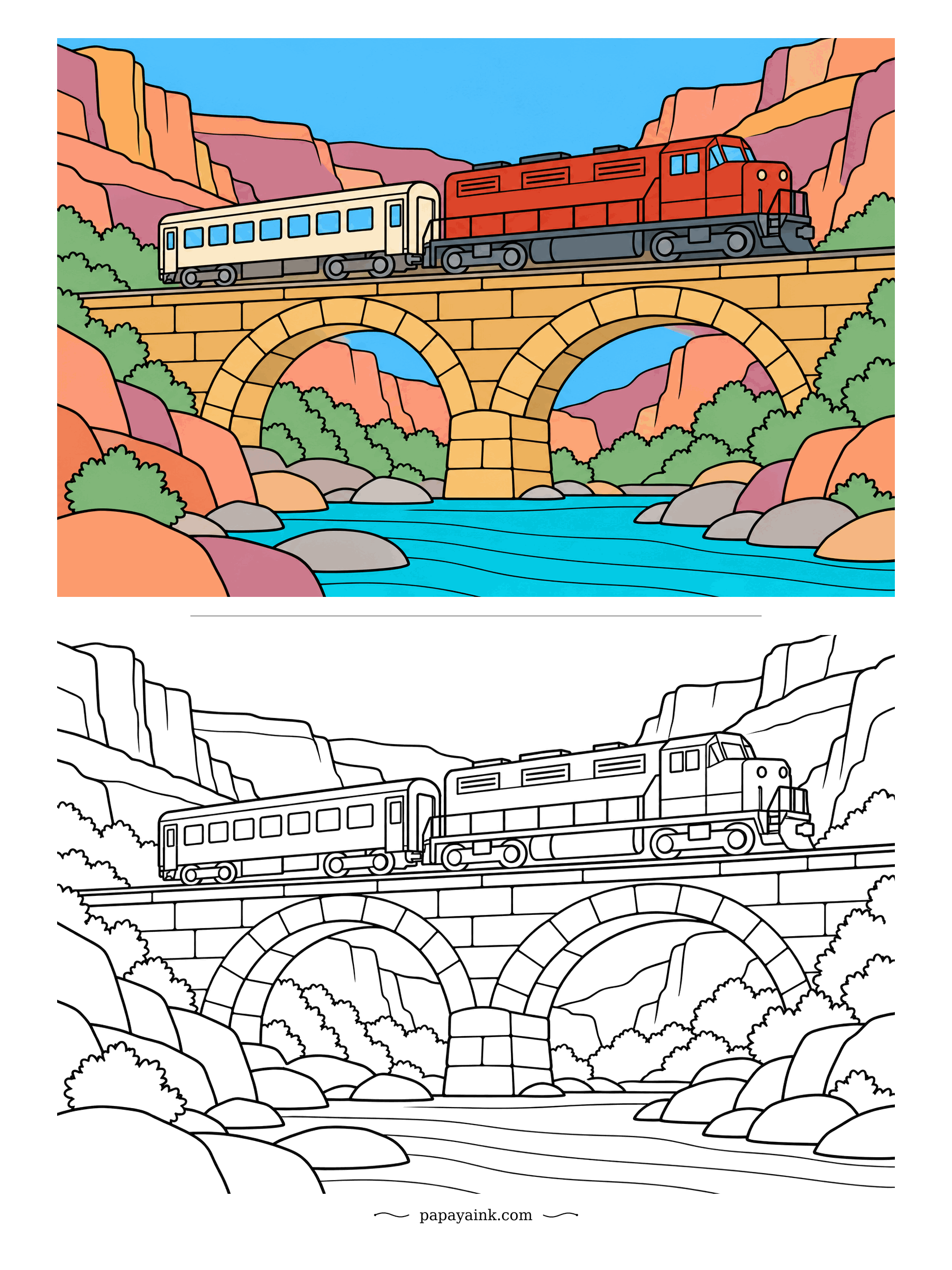 Train Coloring Pages - Red diesel, cream coach, sandstone arches and a turquoise river underneath. The color guide works in warm layers, so start with the palest peach for the cliffs and build toward rust in the shadows.