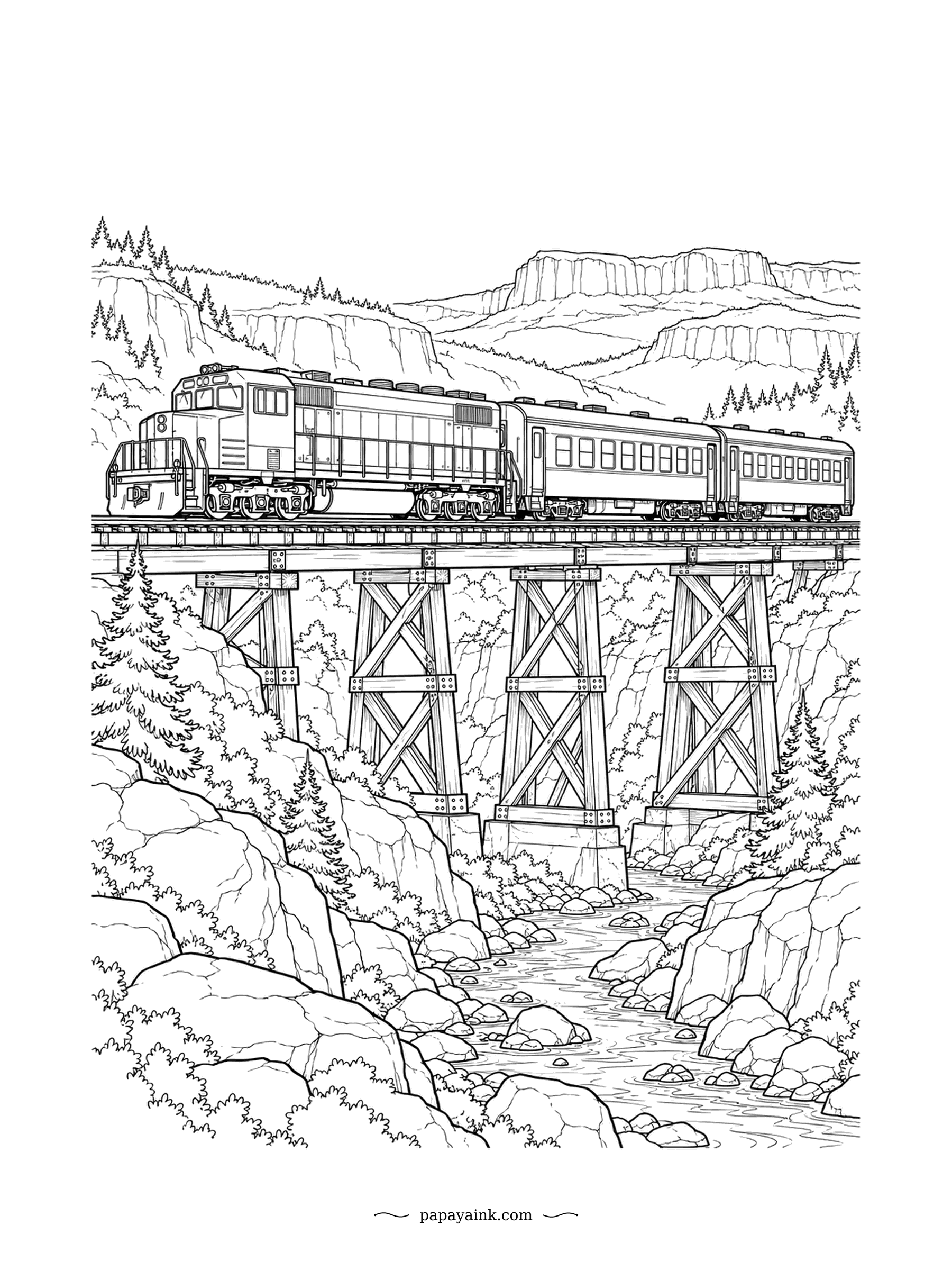 Train Coloring Pages - Timber trestles were the cheapest way across a gorge, so the old West built hundreds of them. Here a diesel and two coaches roll over four wooden towers above a rocky creek. Detailed - shade every cross brace.