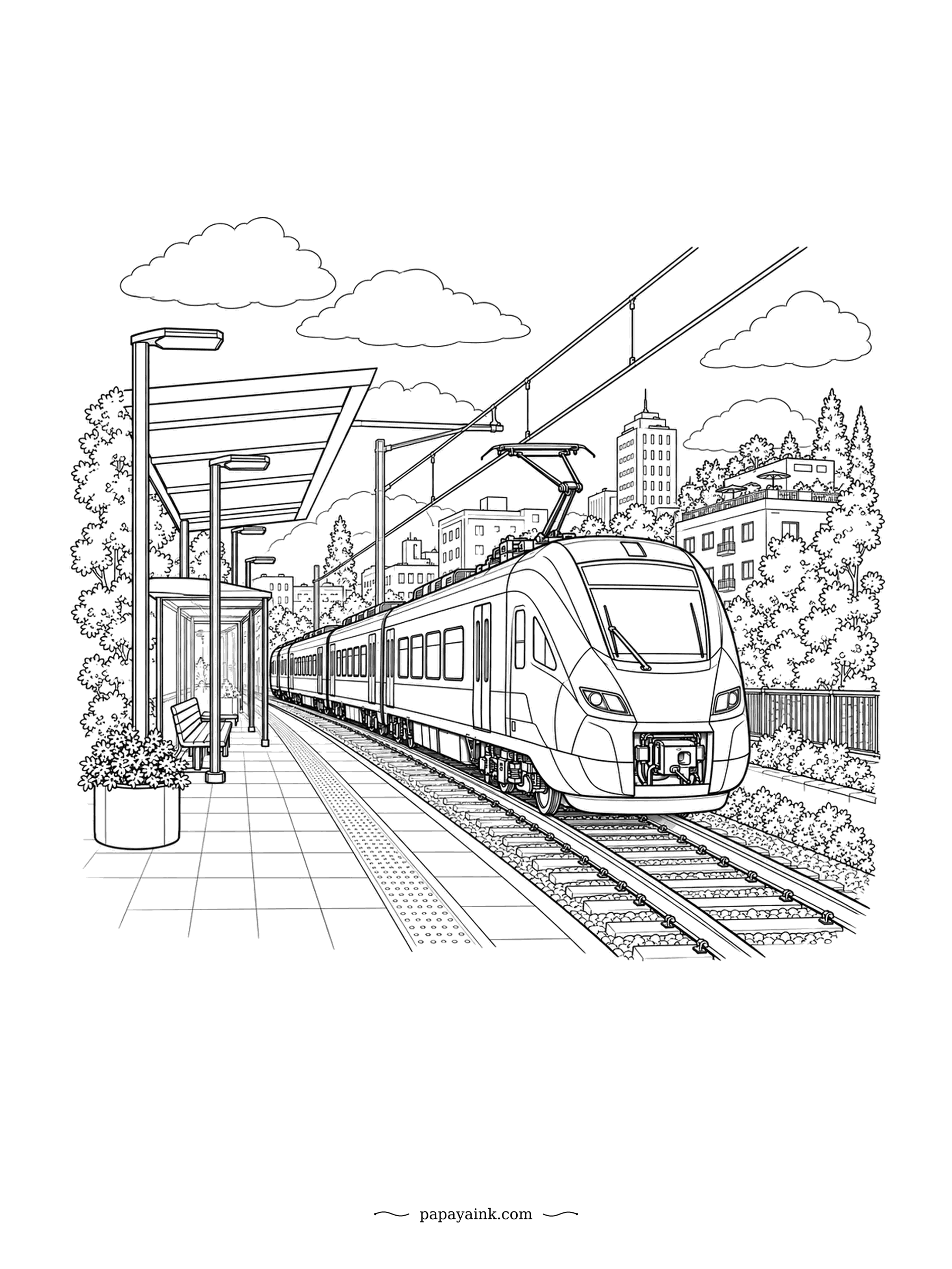 Train Coloring Pages - An electric commuter train glides into a city platform, pantograph raised against the wires. Behind it, towers and treetops; in front, a glass shelter and a planter in bloom. Make the overhead lines dark so they read against the sky.