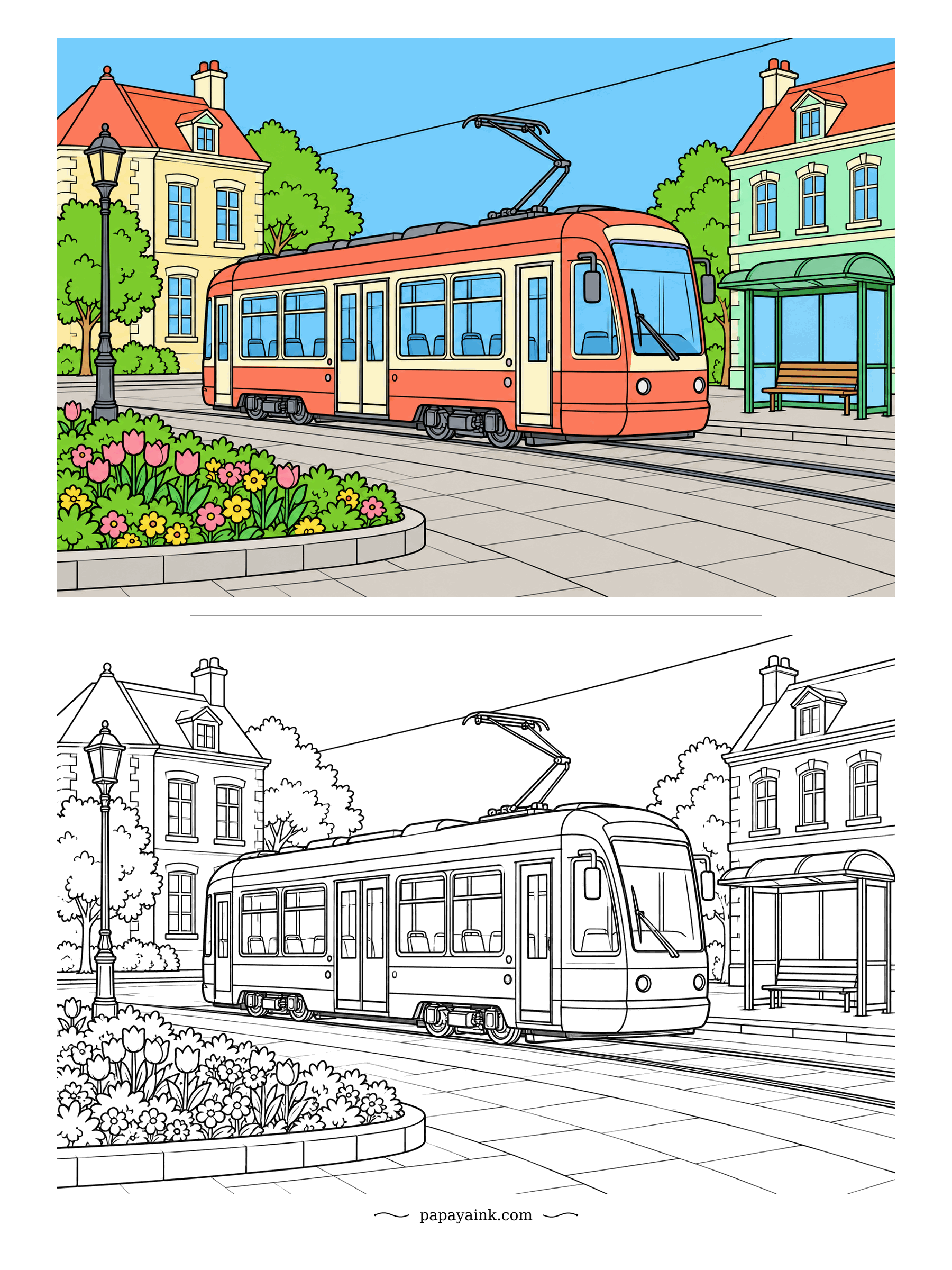 Train Coloring Pages - Coral paint, cream trim and a round bed of tulips at the tram stop. Old townhouses in yellow and mint line the street behind it. A cheerful city page that looks good in almost any pastel set.