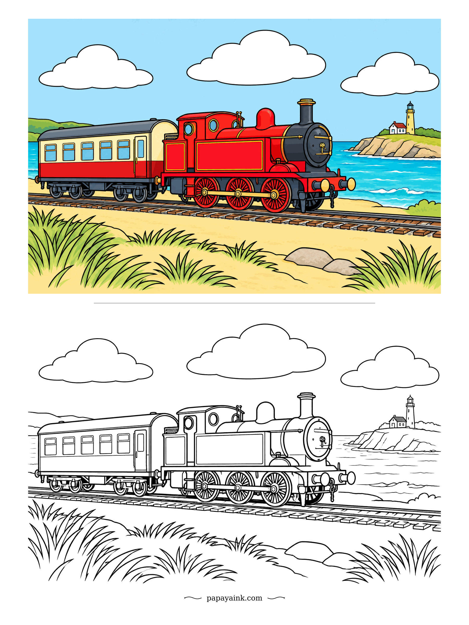 Train Coloring Pages - Bright red tank engine, one matching carriage, and the sea right beside the rails. Dune grass waves in the front and a lighthouse stands on the far point. Polished brass on the boiler band is worth a yellow gel pen.