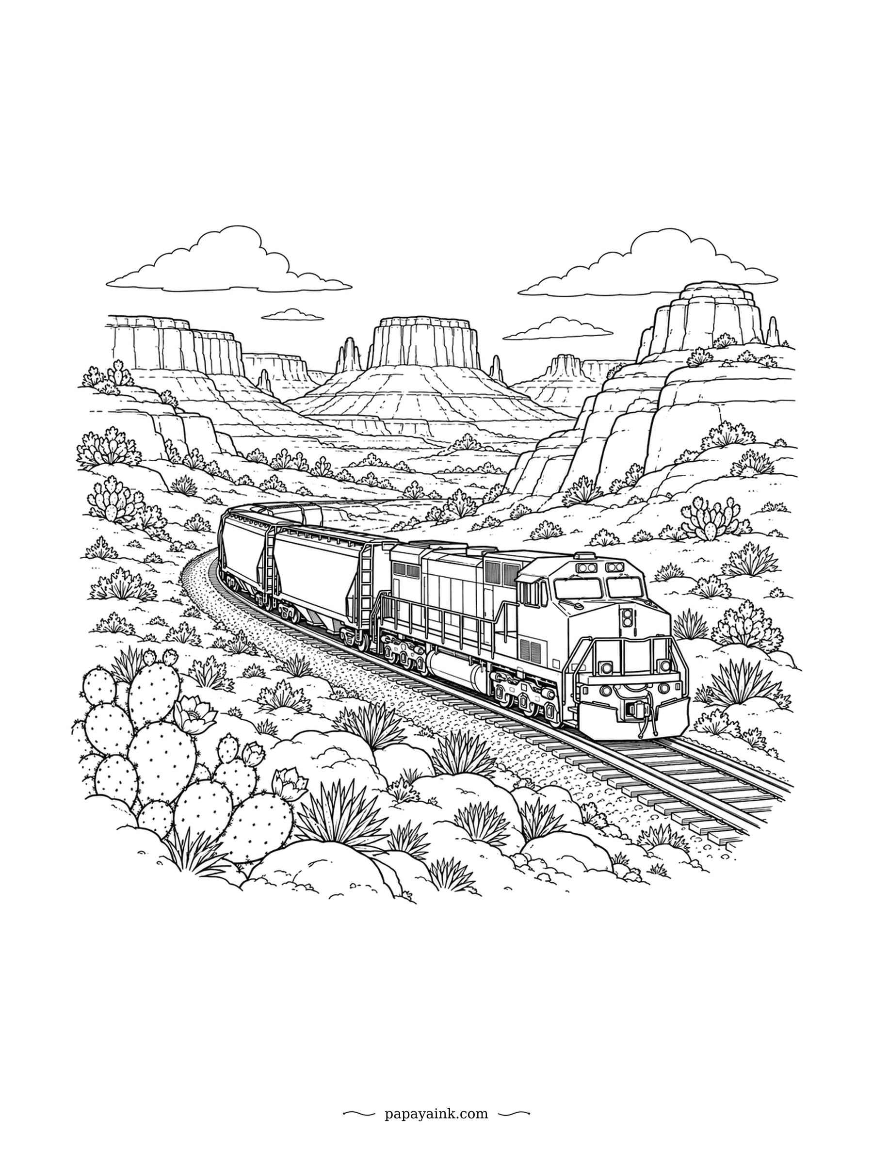 Train Coloring Pages - Covered hoppers swing around a long curve between flat-topped mesas, a freight diesel on the point. Prickly pear and agave crowd the bottom of the sheet. The rock wants layers of rust, tan and pink laid lightly one over the other.