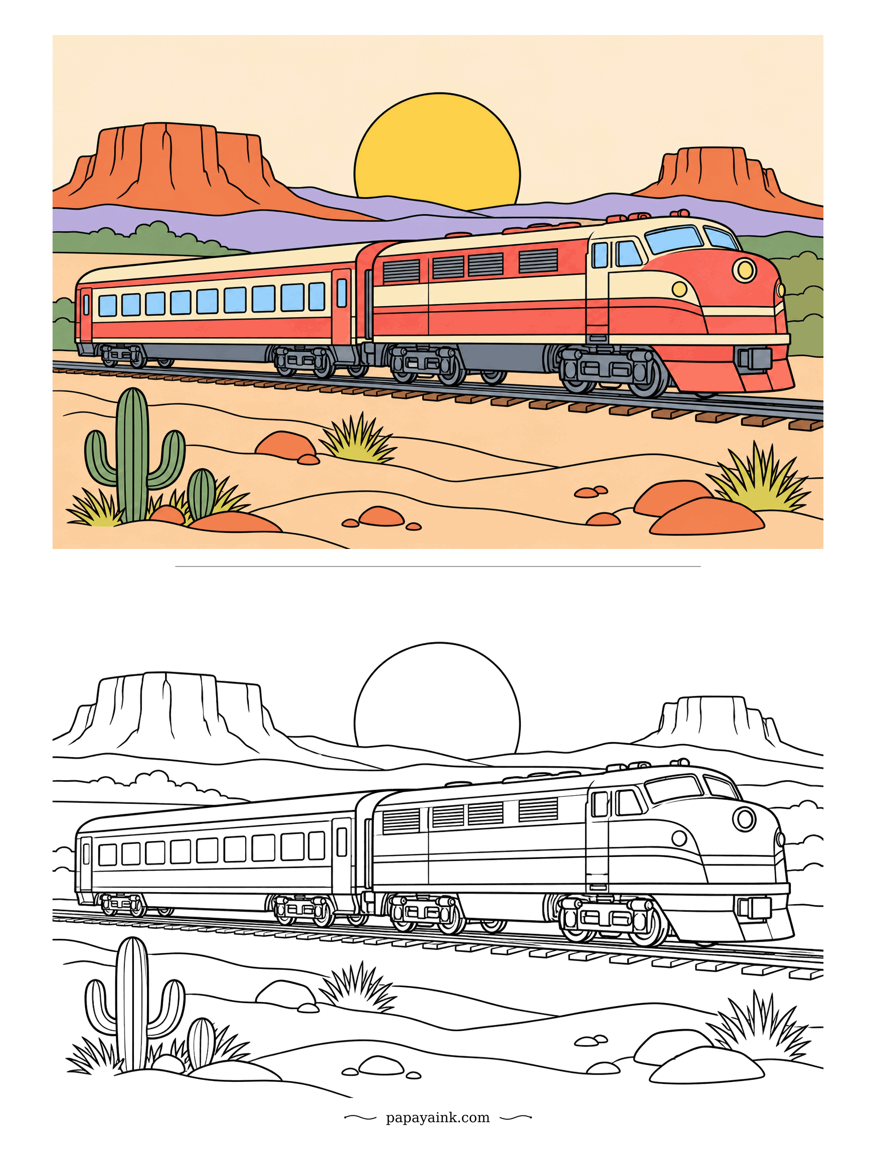 Train Coloring Pages - Streamliners of the forties wore stripes like these, and they look even better with a huge sun setting over the mesas. Notice the guide paints the sky a soft peach rather than blue. Saguaros finish the scene.