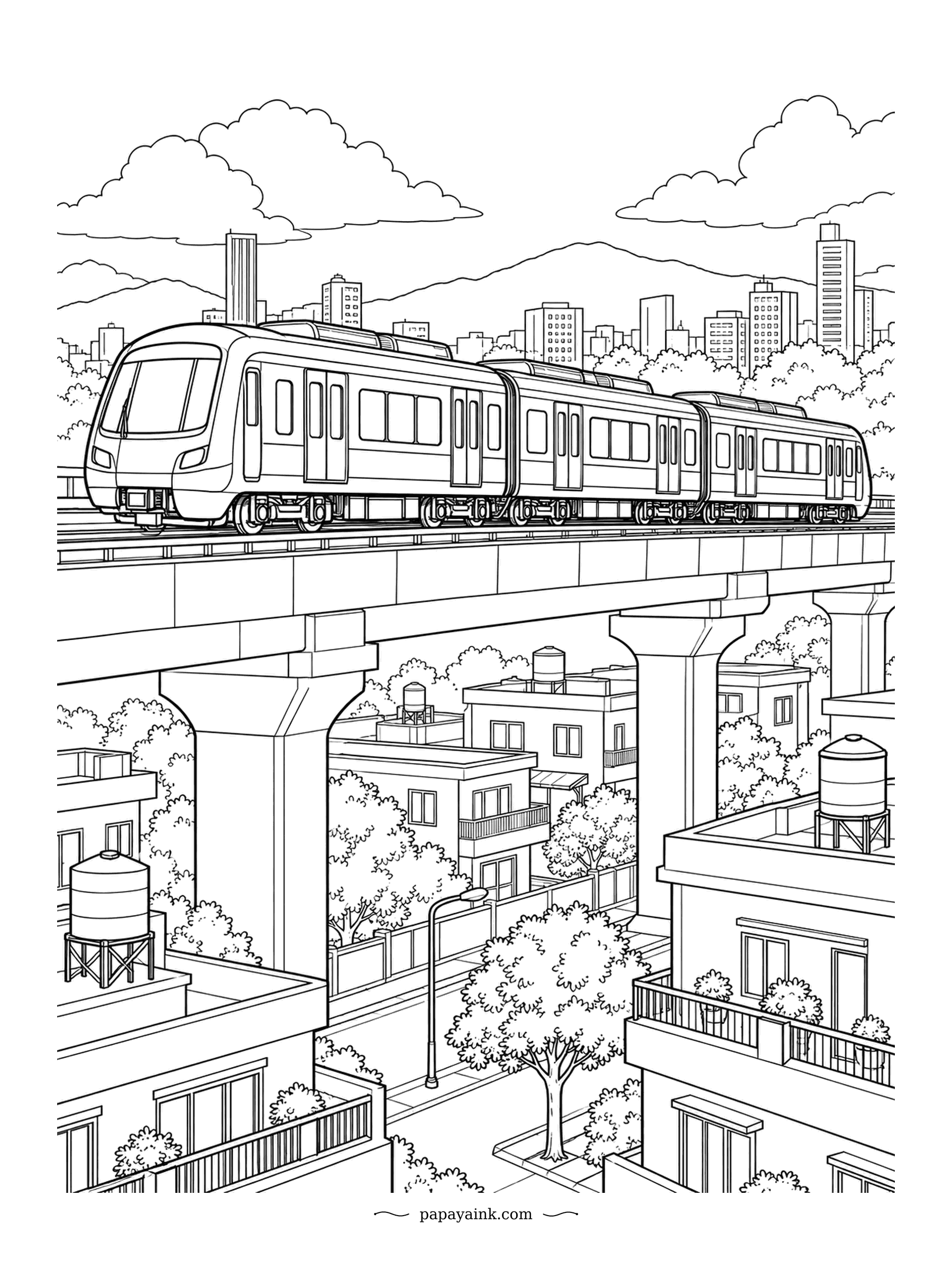 Train Coloring Pages - Above the street, below the skyline. The metro runs on its concrete viaduct past balconies and rooftop water tanks, and the city carries on underneath. Gray for the concrete, then go bright on the trees and balconies.