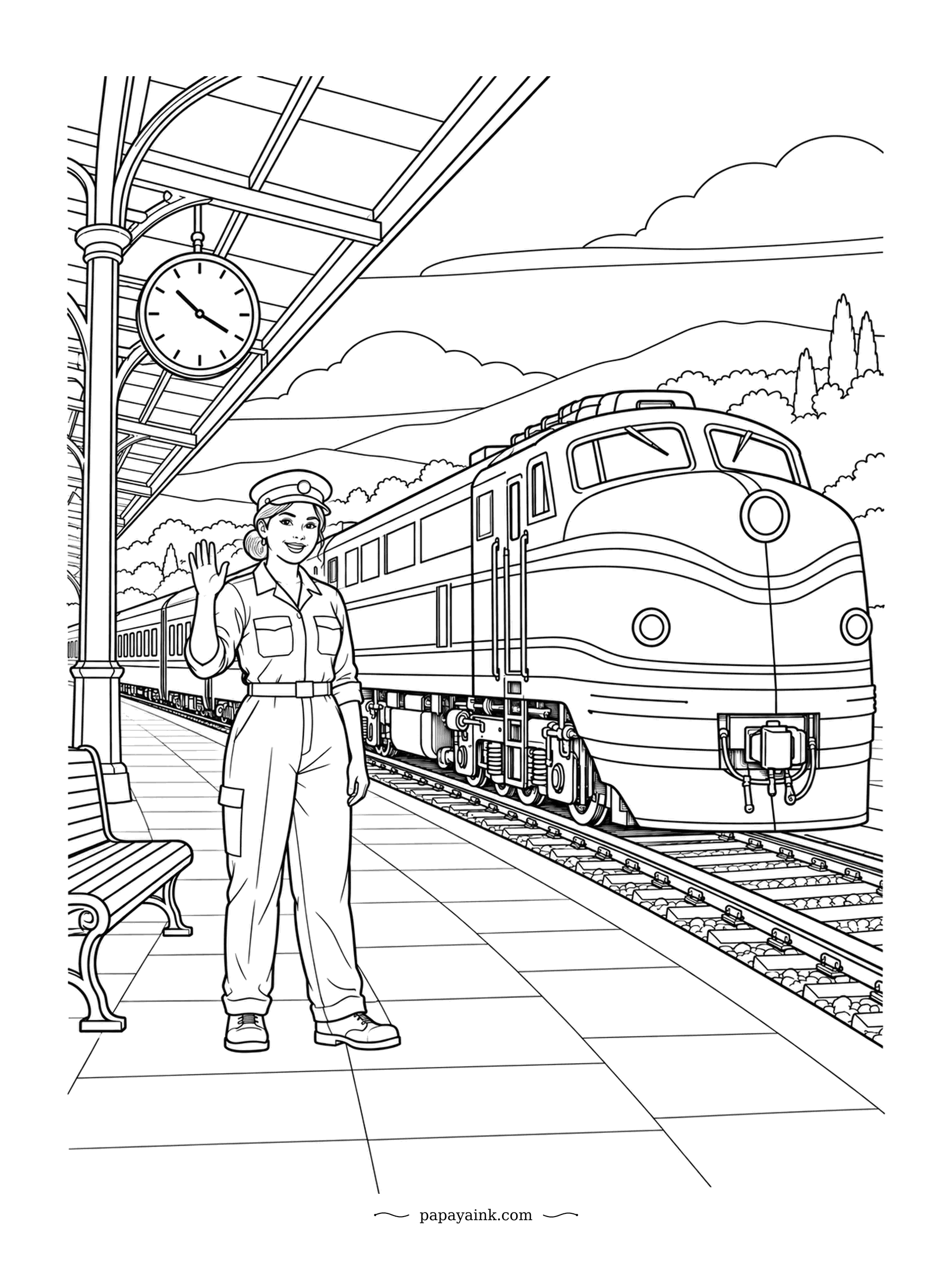 Train Coloring Pages - Cap on, coveralls pressed, the engineer gives a wave before climbing into the cab of her streamliner. The station clock says the shift is about to begin. Denim blue for the uniform works nicely.
