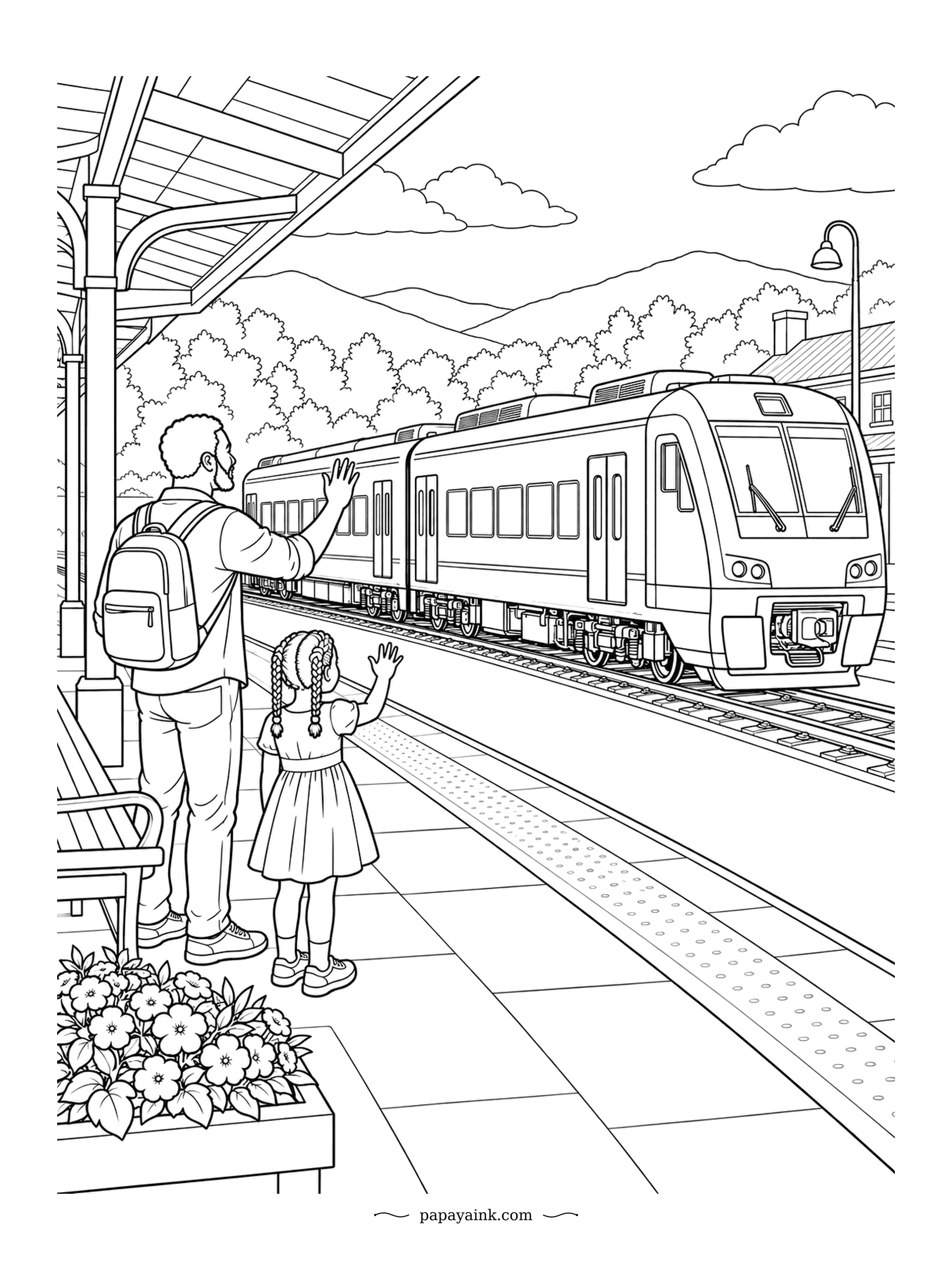 Train Coloring Pages - Dad and daughter have been waiting for this one. The regional train pulls in, both of them wave, and the flowers in the planter get completely ignored. Try a bright coat for the girl and quiet tones for everything else.