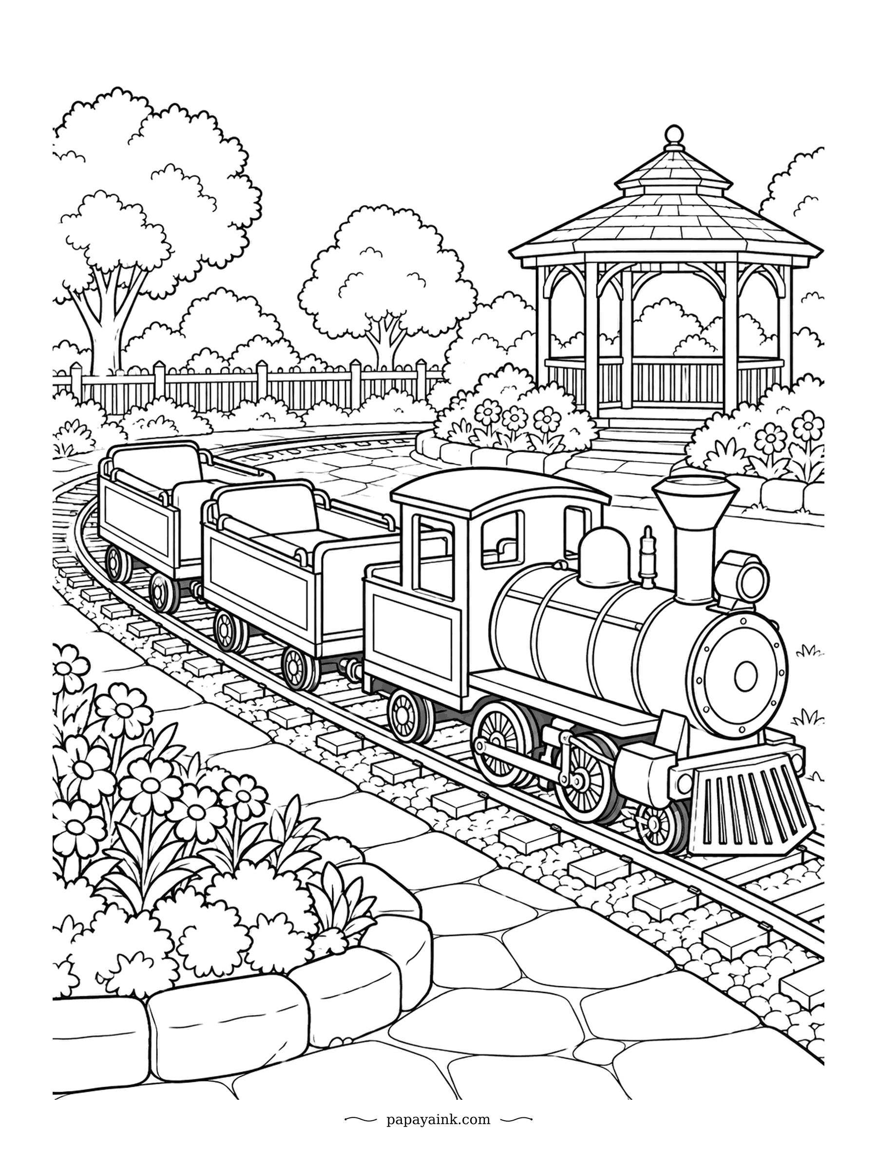Train Coloring Pages - Not every train is full size. This miniature park railway loops past a gazebo, a picket fence and flowerbeds, pulling open carriages with low sides. Candy colors suit it: a red cab, brass trim and a grass-green chassis.