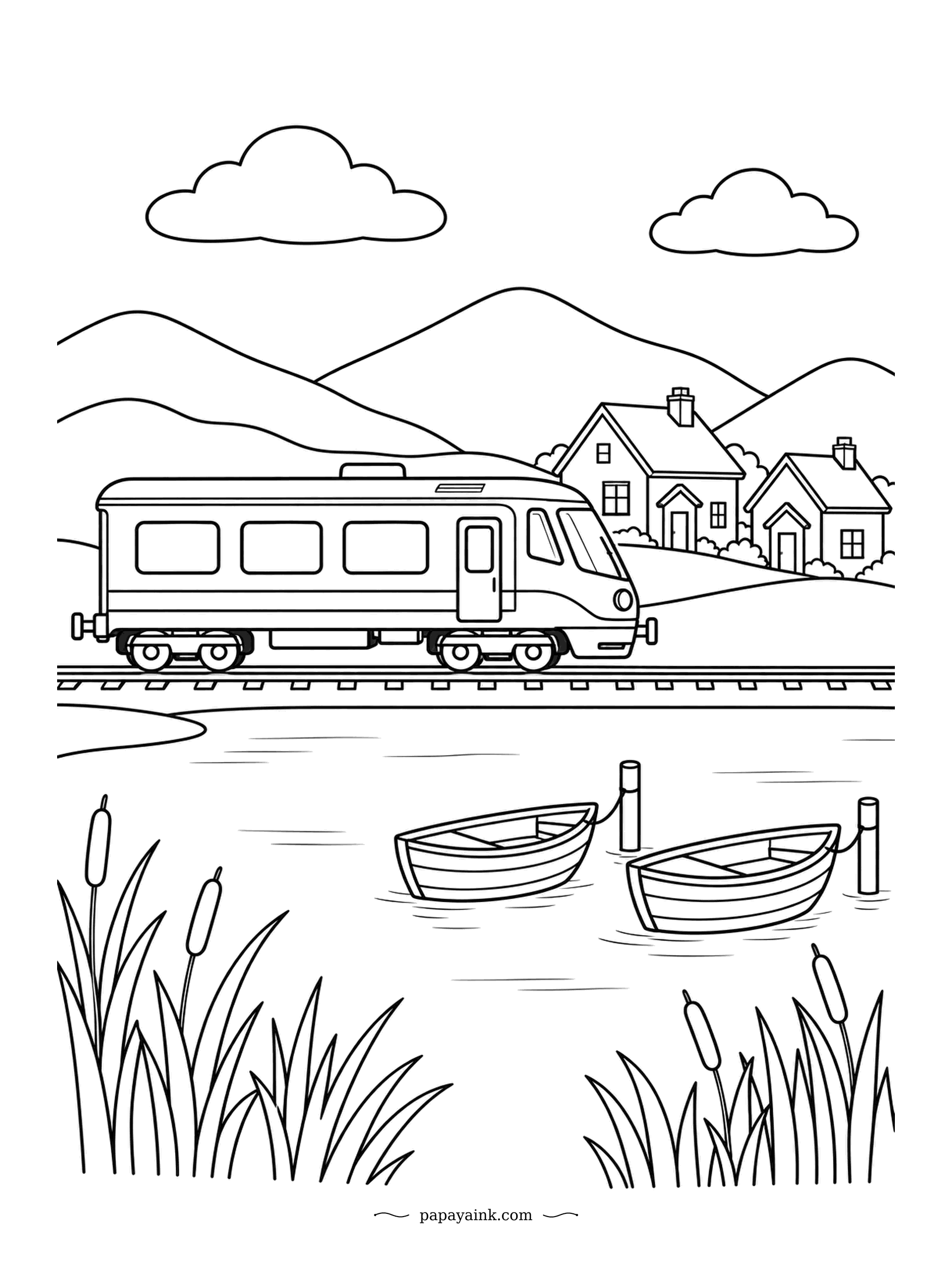 Train Coloring Pages - Two rowboats tied to their posts, cattails at the edge, cottages on the hill and a short railcar trundling along the shore. Big simple shapes, so it works for crayons as well as for markers.