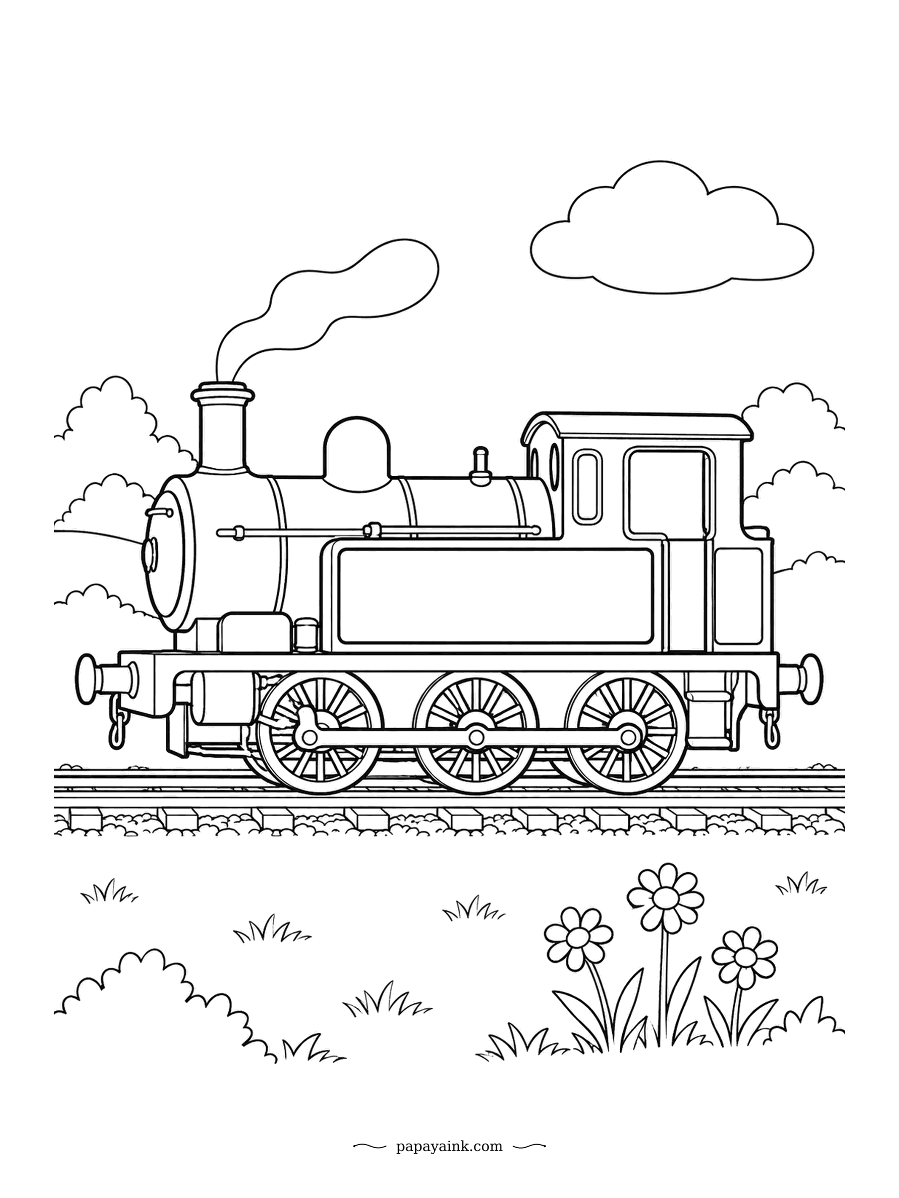 Train Coloring Pages - One small tank engine, one puff of smoke, no cars to pull. Daisies up close, bushes at the back. An easy page: the shapes are large, the lines are few, and the whole engine can be a single shade.