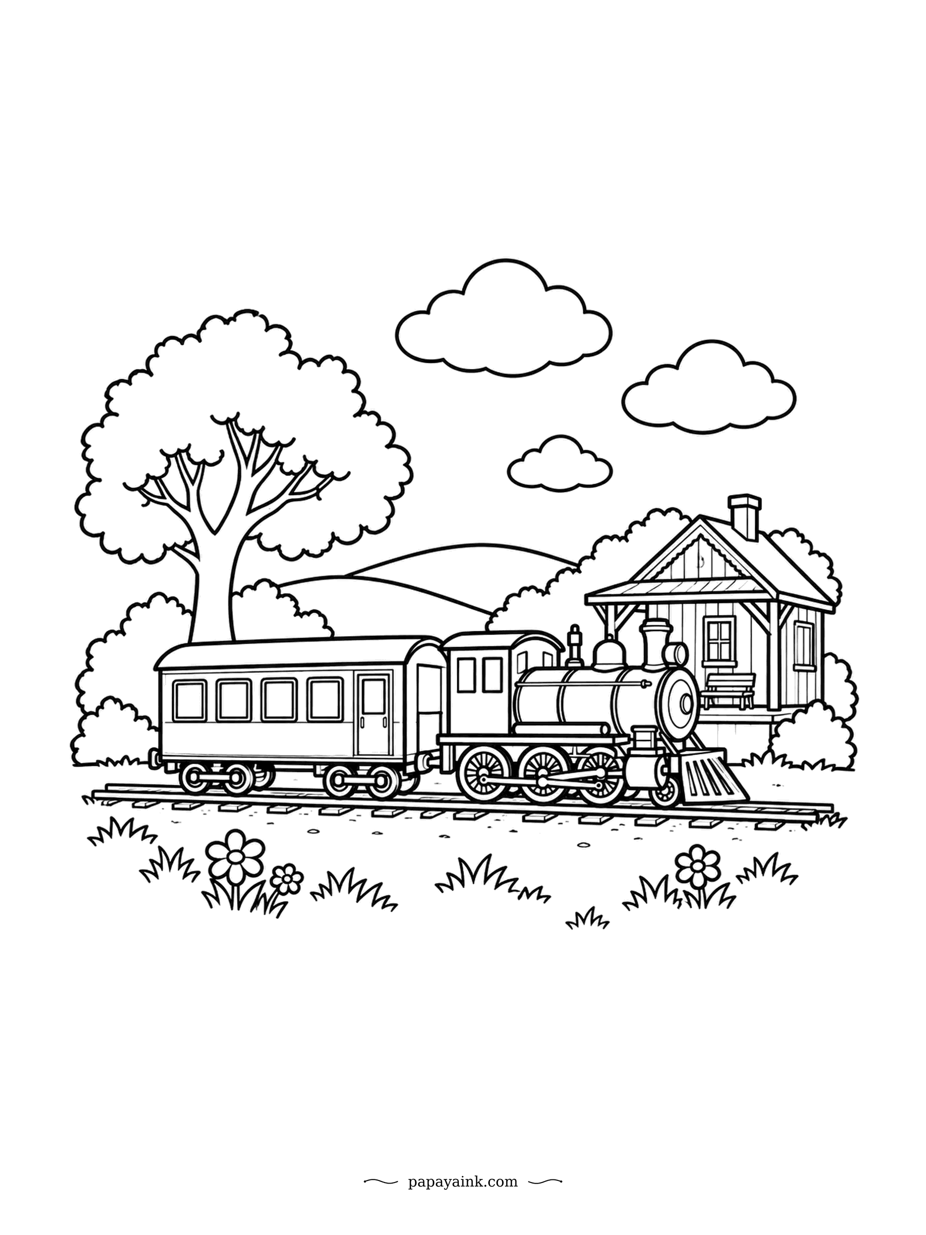 Train Coloring Pages - Country station, single coach, one big tree leaning over the roof. The short steam train has just pulled up and the hills roll on past the roofline. Good for younger hands too - the station and the sky are mostly open space.