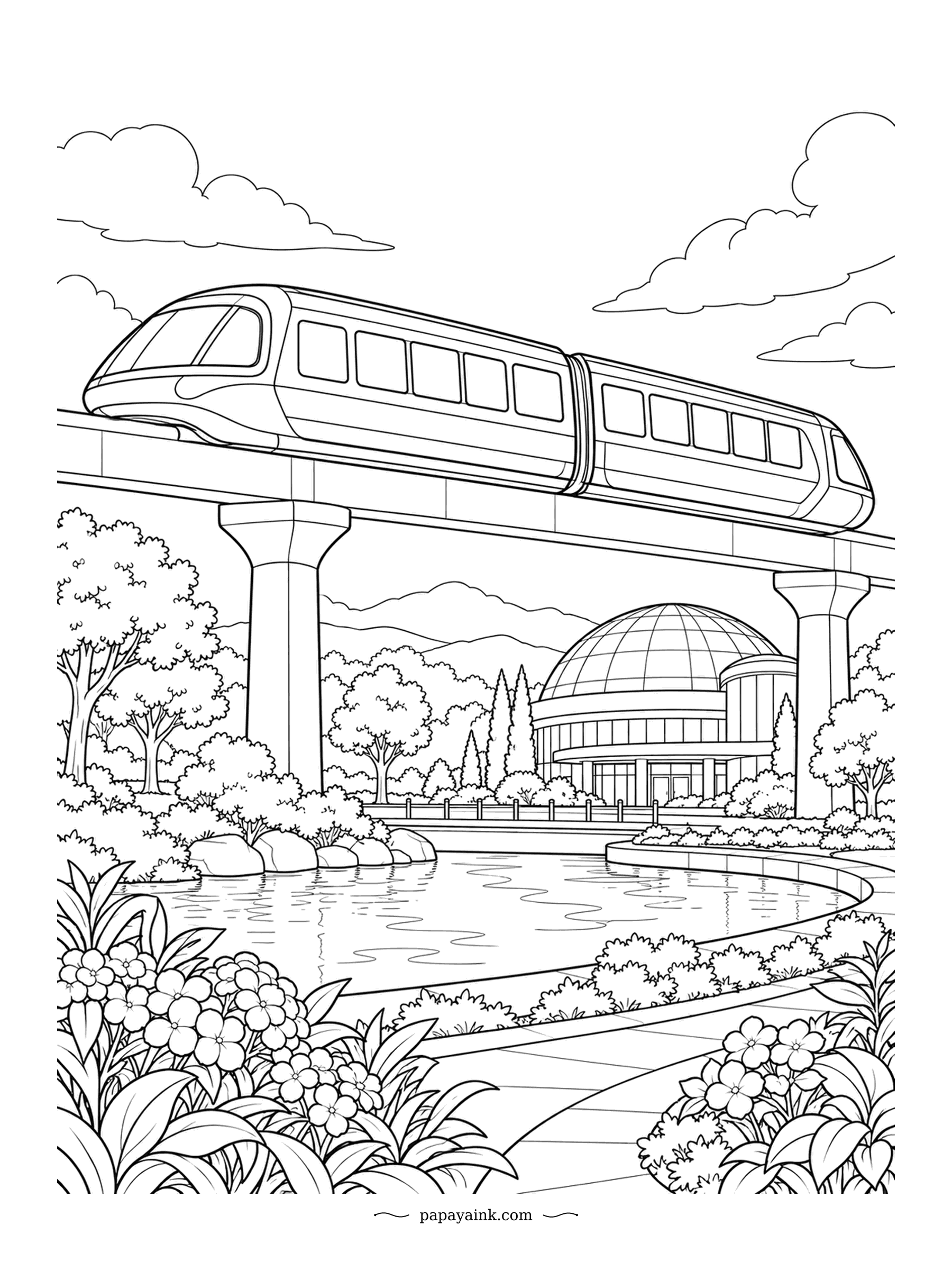 Train Coloring Pages - The monorail hums along its beam above a park with a domed pavilion and a pond below. White suits the train itself; spend your color on the flowers in the foreground and the reflections in the water.