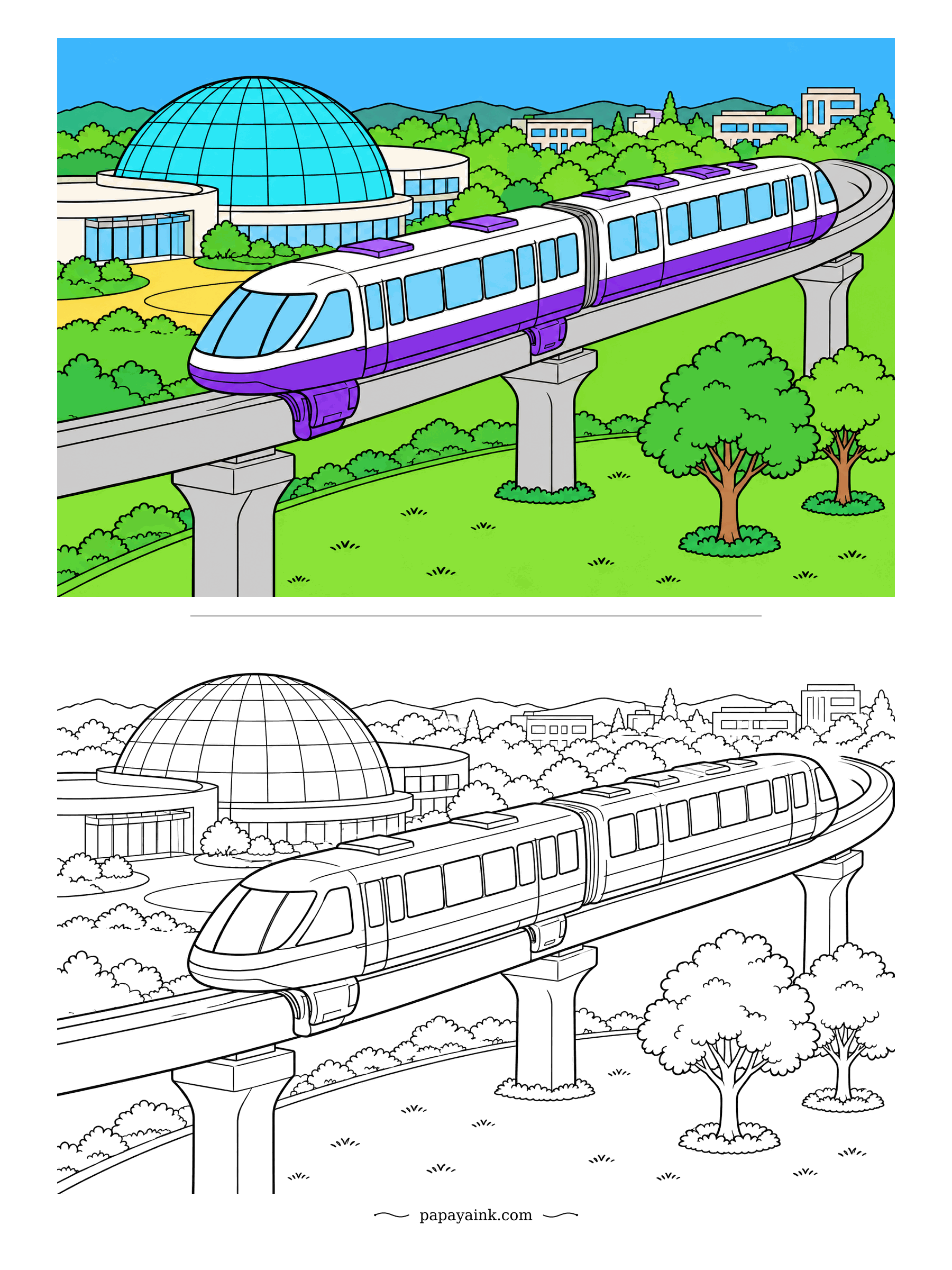 Train Coloring Pages - Purple stripes, a glass dome and a beam that curves out of sight. The monorail circles a science park full of round trees. Color the dome in two or three shades of cyan so the panes read as real glass.
