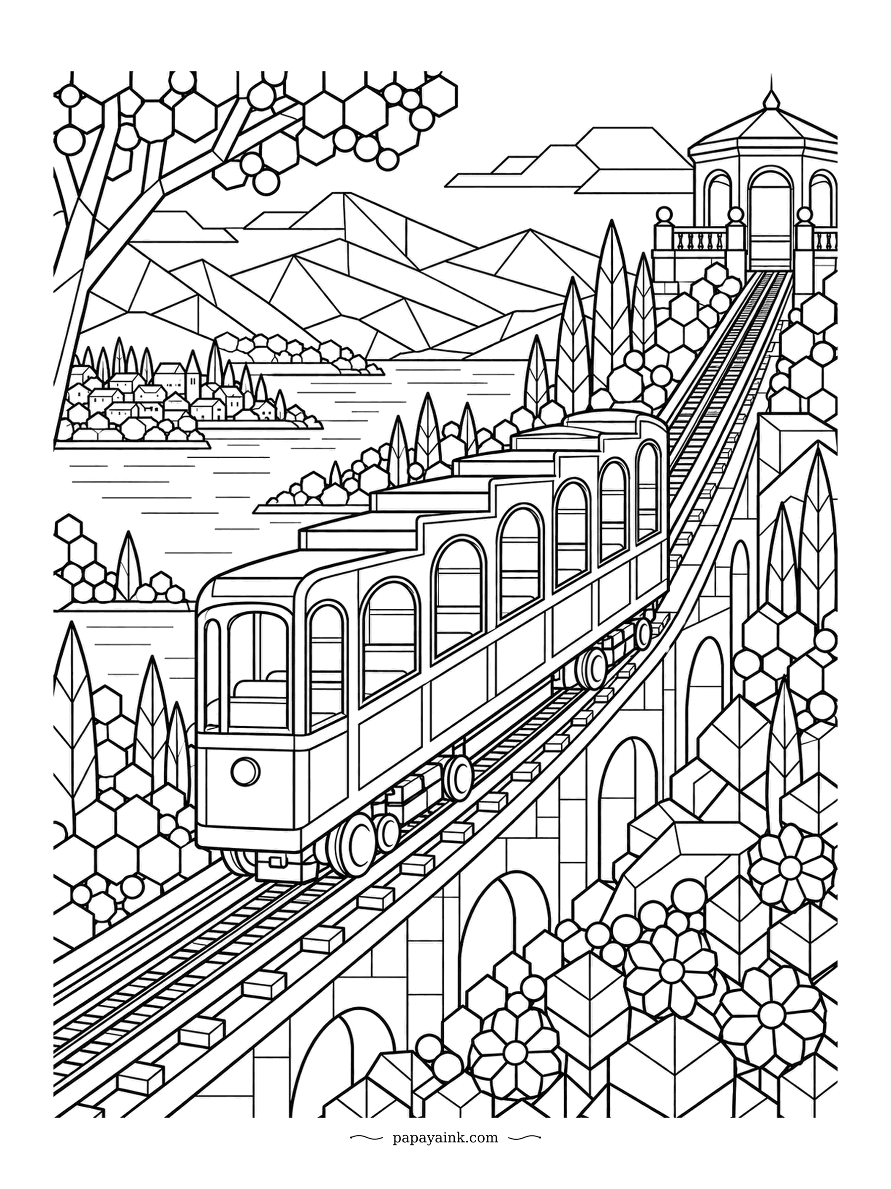 Train Coloring Pages - Hexagons for leaves, triangles for mountains, arches for windows: this funicular climbs a hillside drawn almost like stained glass. Each cell can take its own color, which makes it surprisingly relaxing to fill.