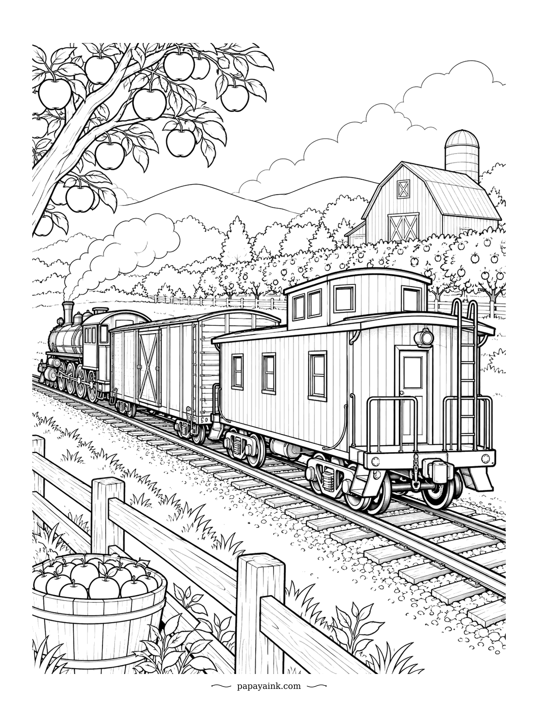 Train Coloring Pages - Last car of the freight, first car for coloring. The caboose rolls past an apple orchard with a barn and silo further up the slope, apples over the fence and in the basket. Tradition says barn red for the caboose; the apples decide the rest.