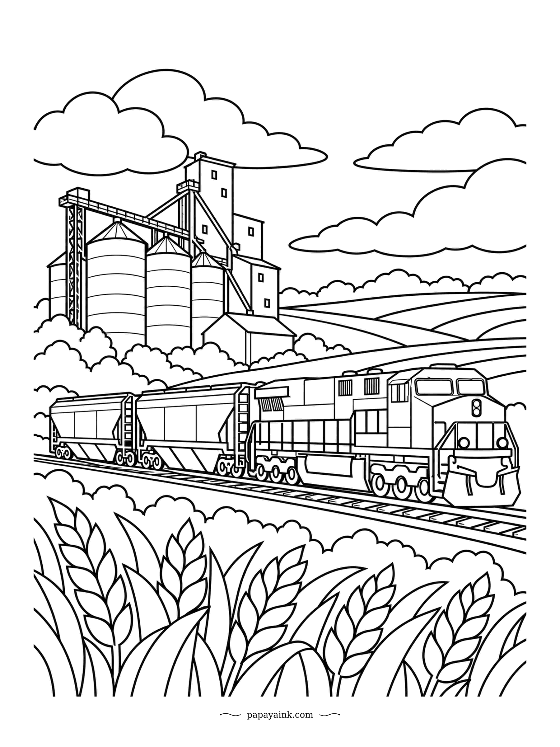 Train Coloring Pages - Grain elevator on the horizon, hopper cars in front of it, wheat in the foreground. The locomotive leads a loaded train out of prairie country. Keep the wheat golden and let the silos go gray so the train reads clearly between them.