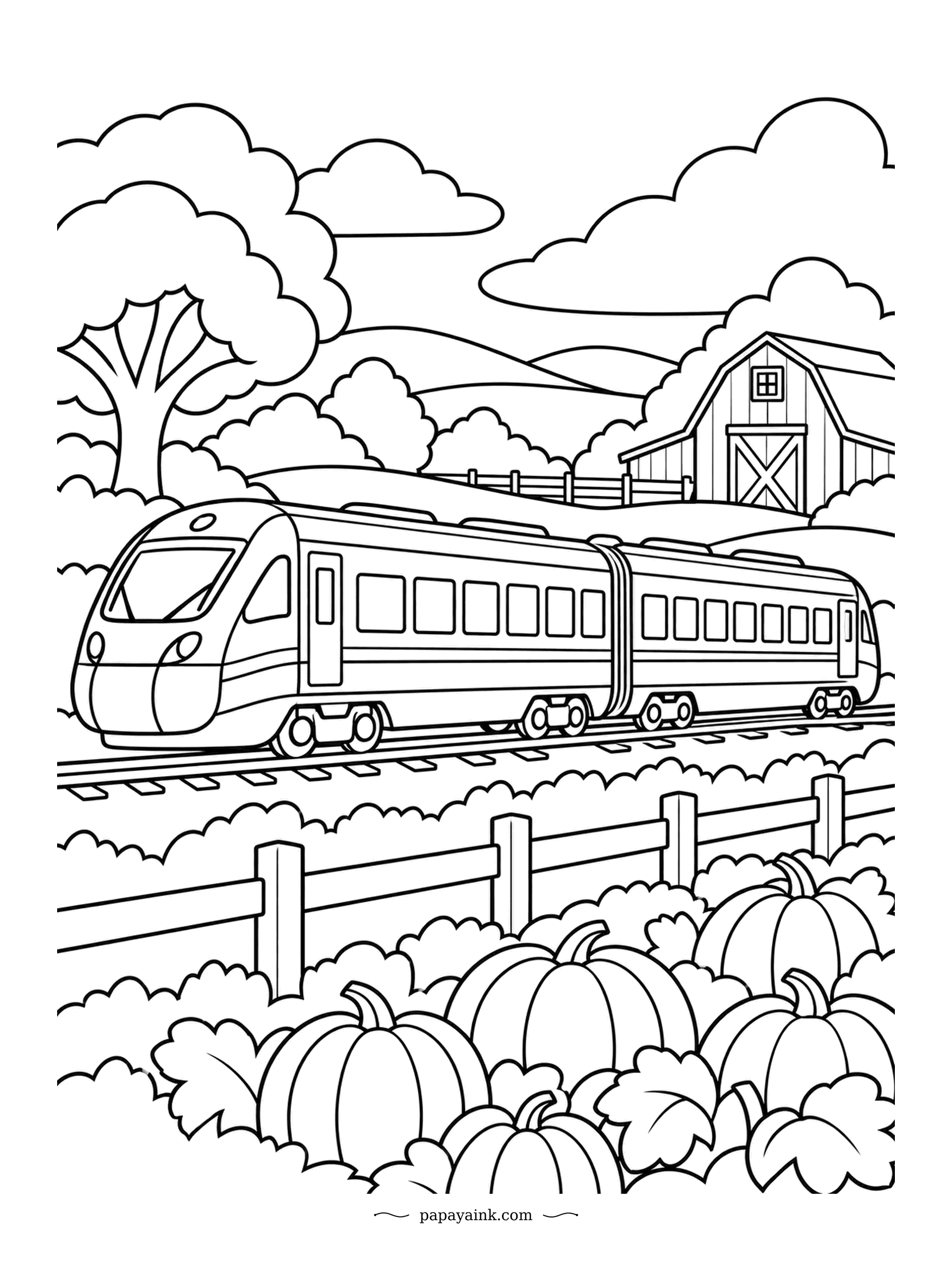 Train Coloring Pages - Pumpkins in the front row, a fence, then the train gliding along under a barn on the hill. Every shape is generous and simple. Ideal for markers, crayons or a quick October afternoon with the kids.