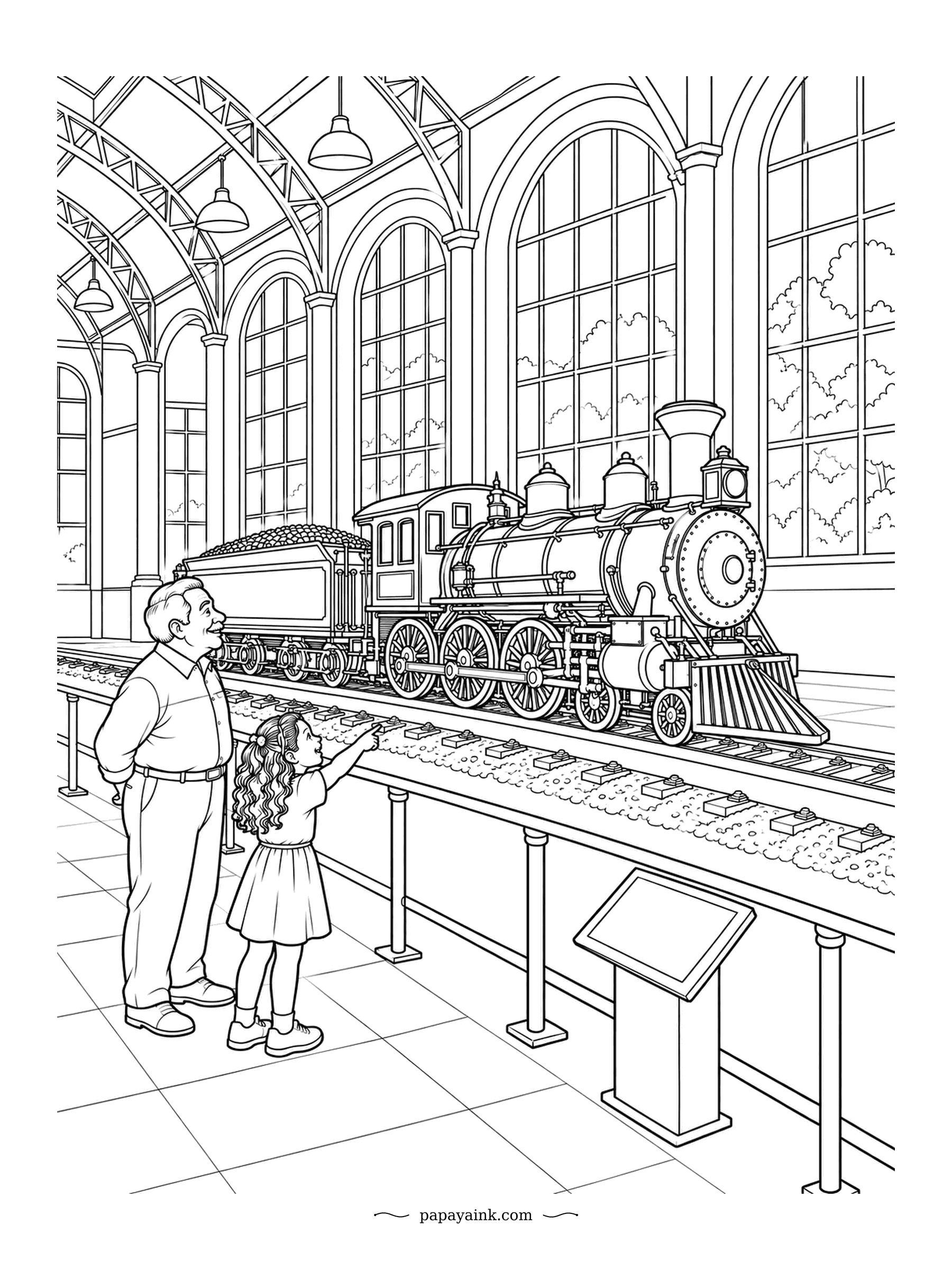 Train Coloring Pages - Grandpa and granddaughter stop at a polished steam engine under the arched glass roof of a rail museum. She points at the wheels; he already knows the story. Brass bands and a black boiler look superb here.