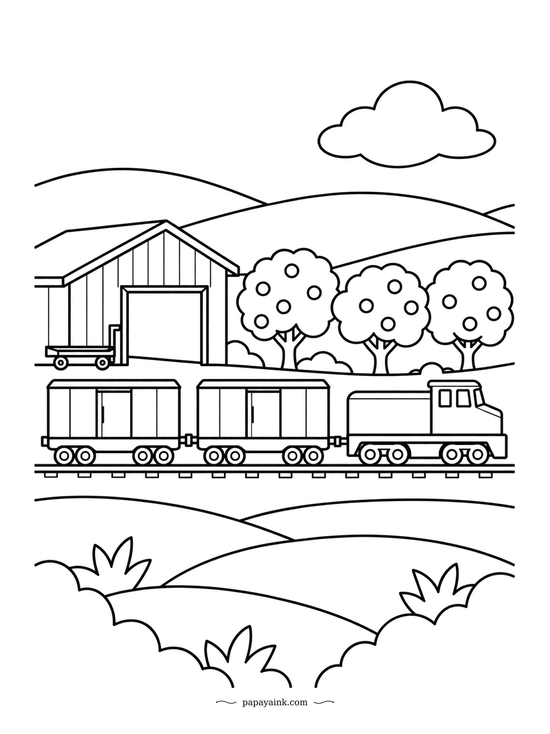 Train Coloring Pages - Refrigerated boxcars once carried citrus from groves to cities across the country. A small diesel waits by the packing shed with two of them, orange trees lined up behind. Very simple, very bold.