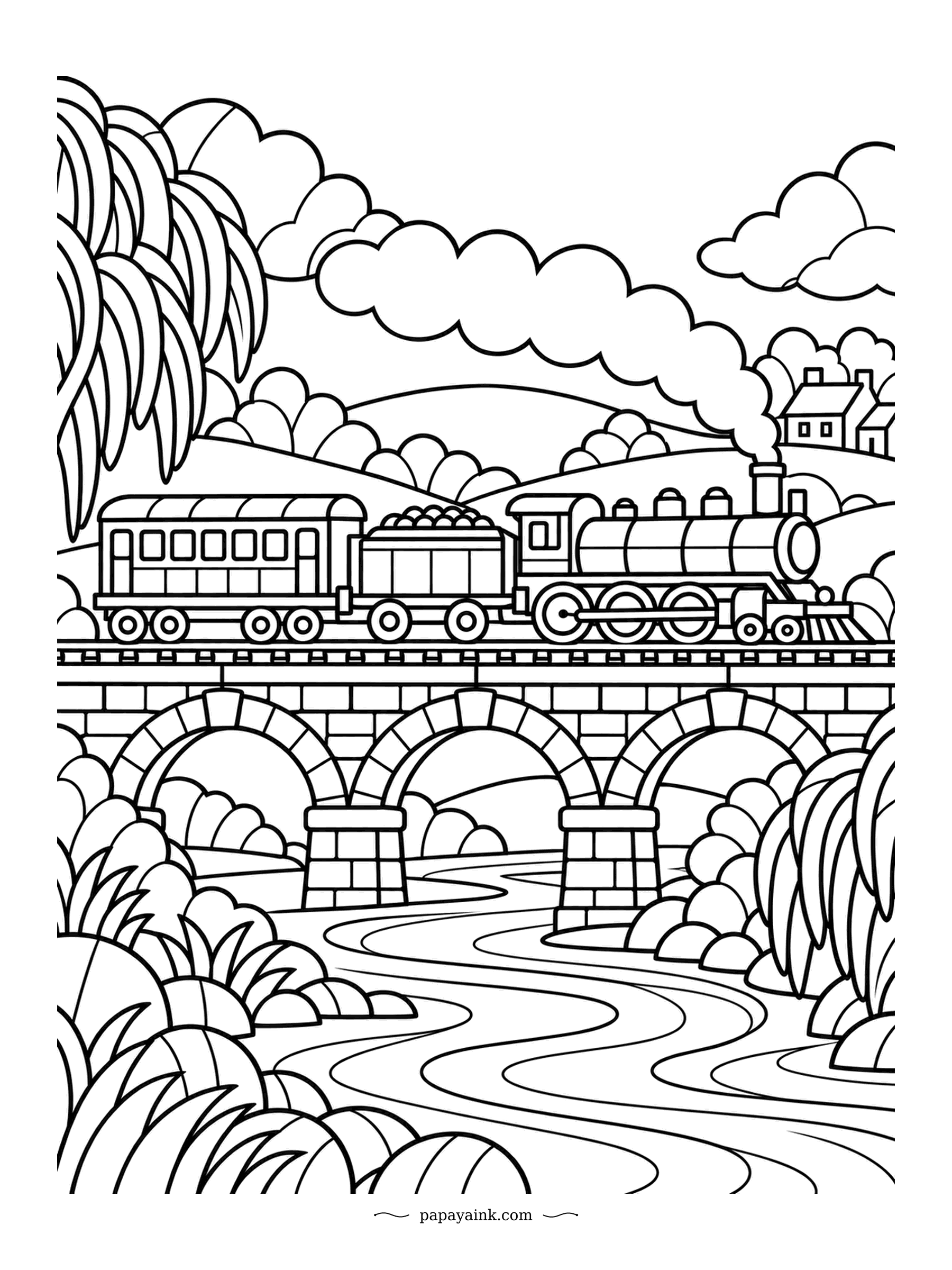 Train Coloring Pages - Bold black lines and no fine detail. A steam train crosses a stone arch bridge over a winding river, with huge leaves framing the scene. This one was drawn for markers and poster paint - every shape is big enough to fill fast.