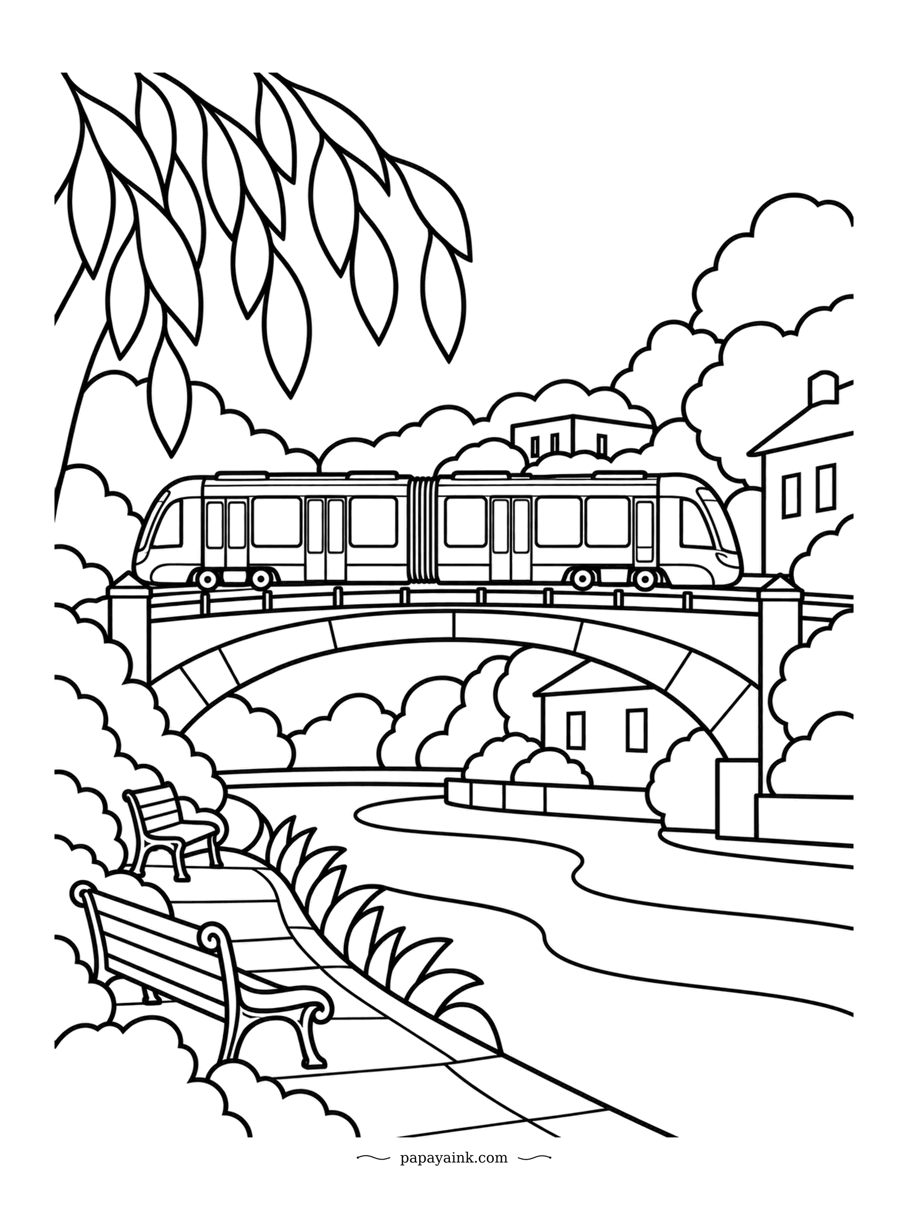Train Coloring Pages - Willow leaves hang into the frame, a path winds between two benches, and the tram crosses an arched bridge over the river. Thick outlines throughout. Good for a slow evening with gel pens or brush markers.